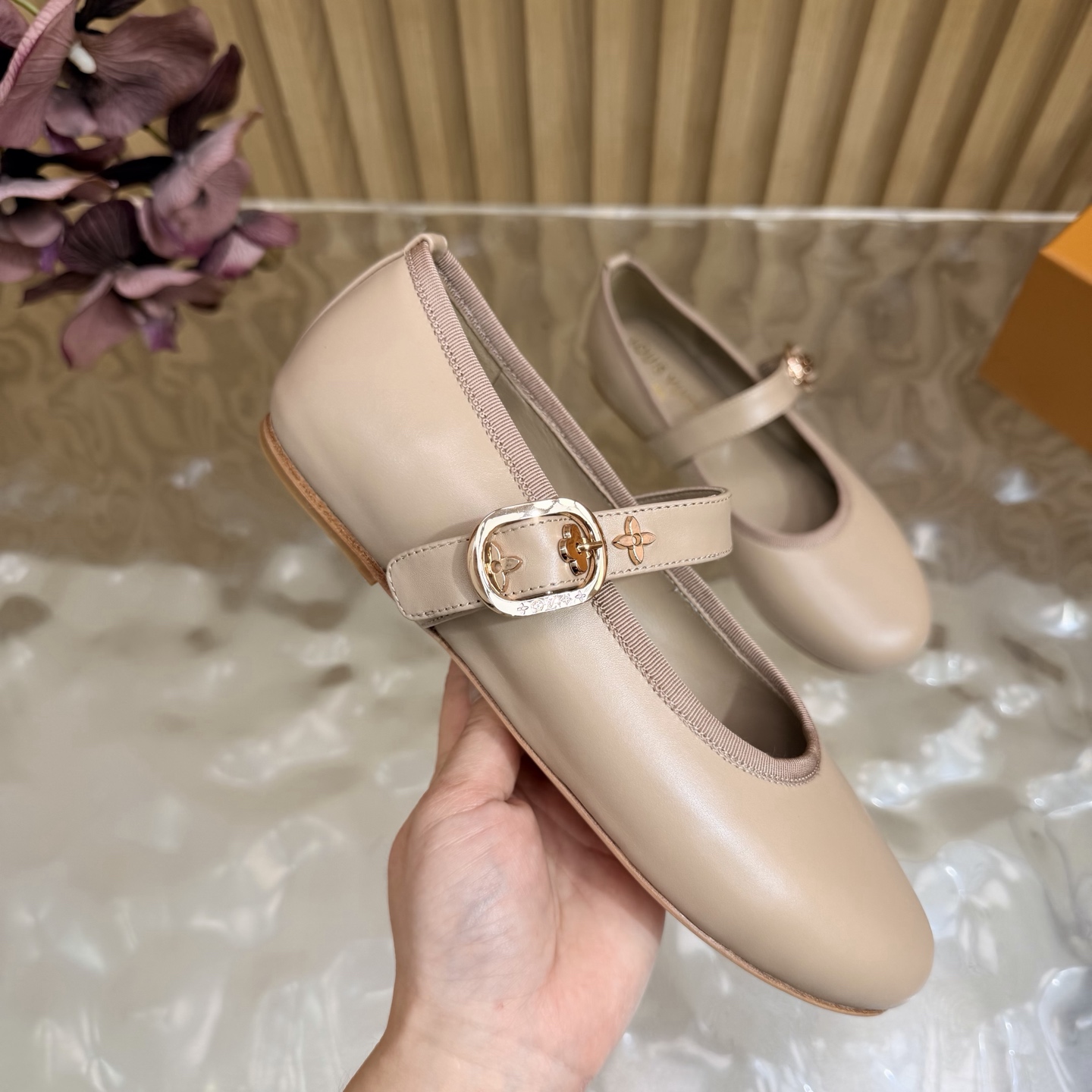 LV Nude Leather Buckle Mary Jane Flats