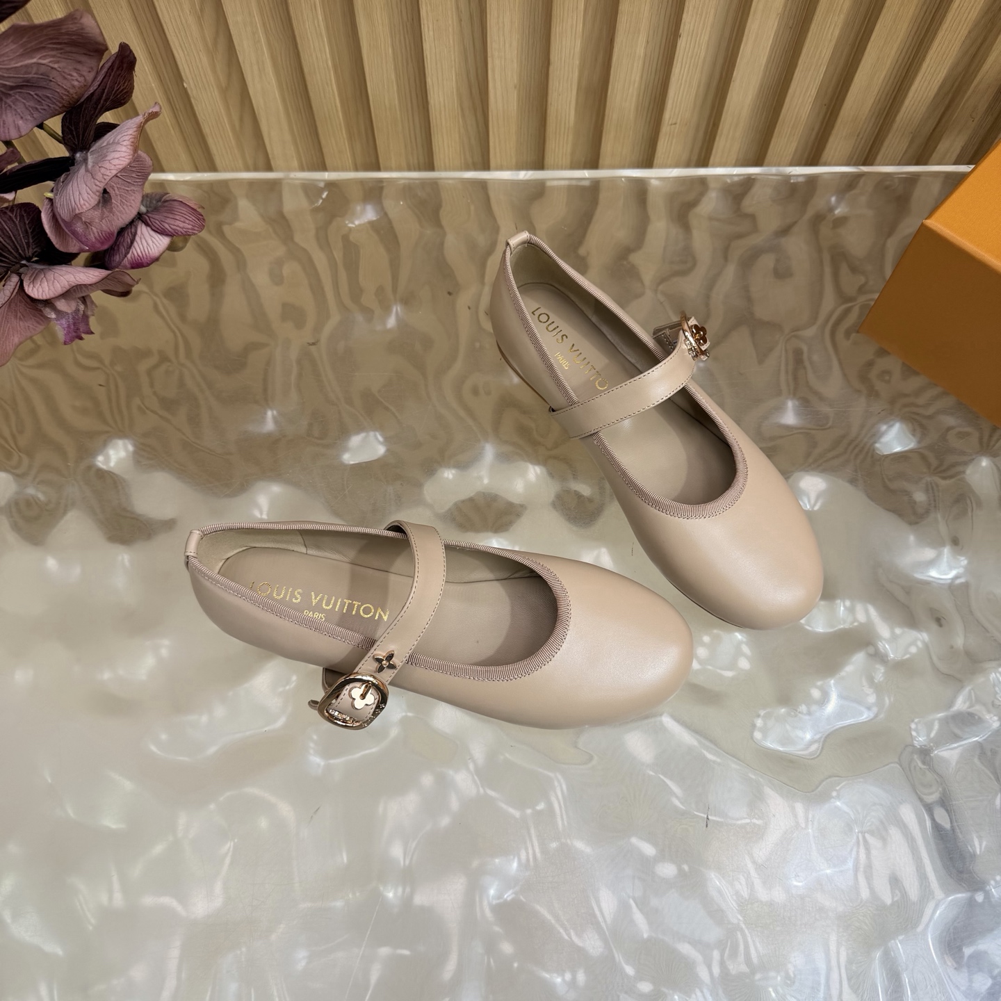 LV Nude Leather Buckle Mary Jane Flats