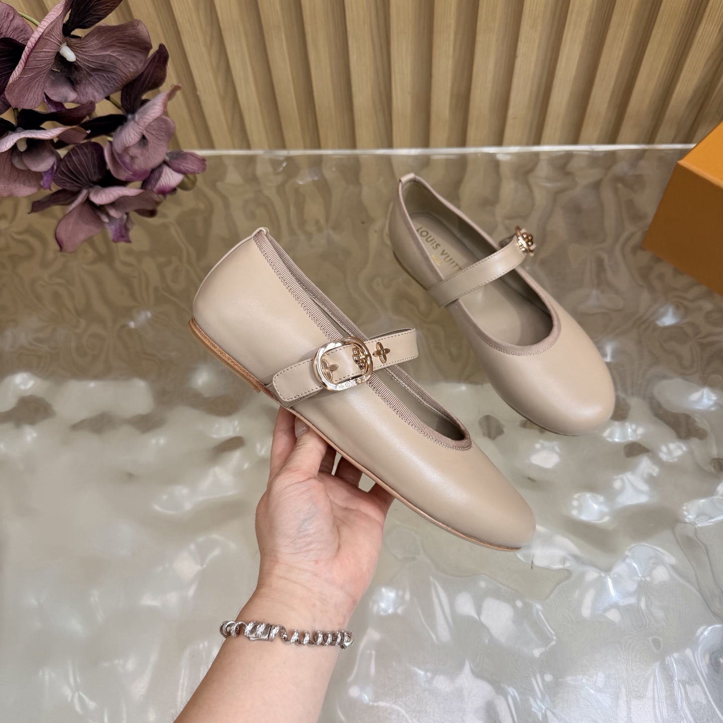 LV Nude Leather Buckle Mary Jane Flats