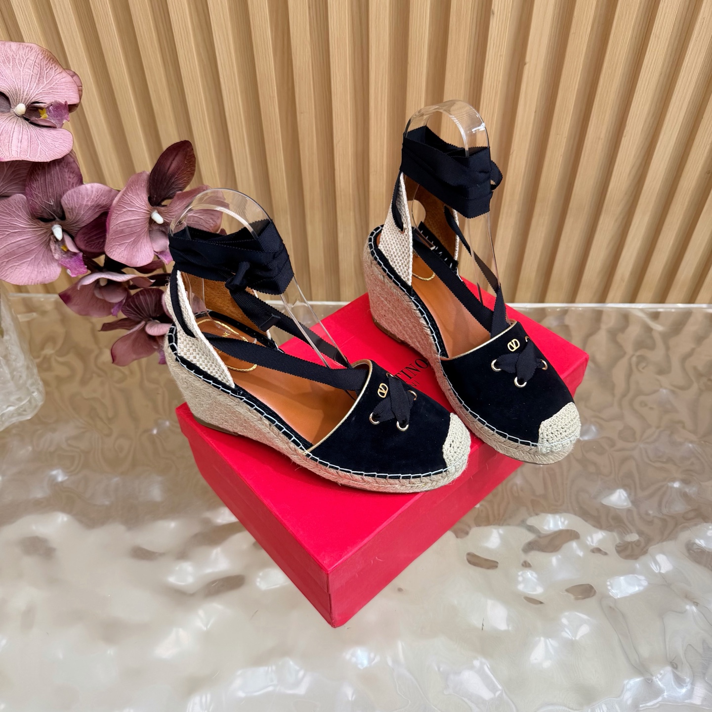 Valentino Black Espadrille Wedge Sandals