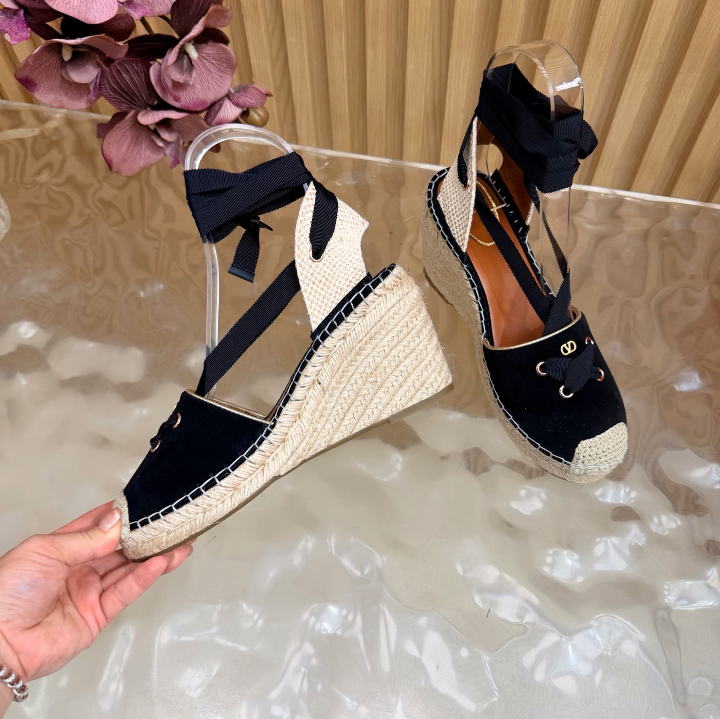 Valentino Black Espadrille Wedge Sandals