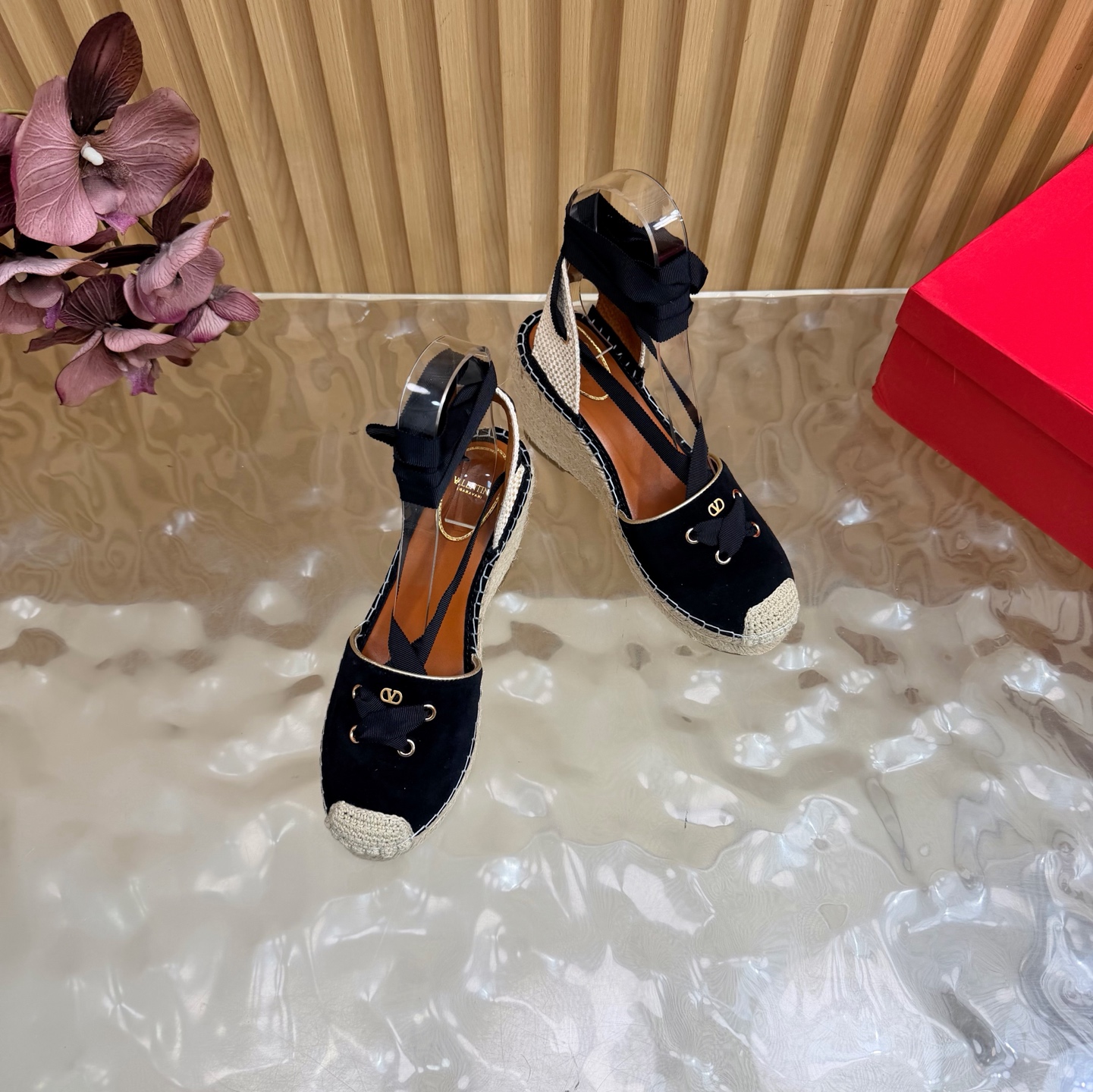 Valentino Black Espadrille Wedge Sandals