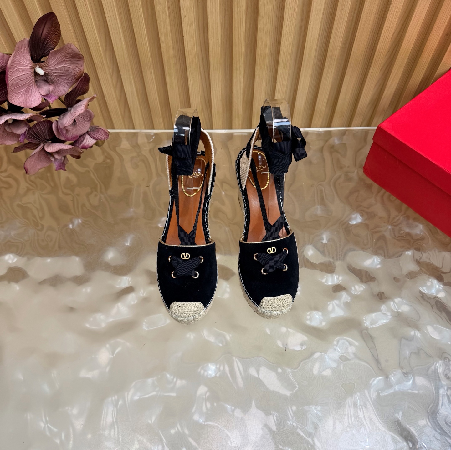 Valentino Black Espadrille Wedge Sandals