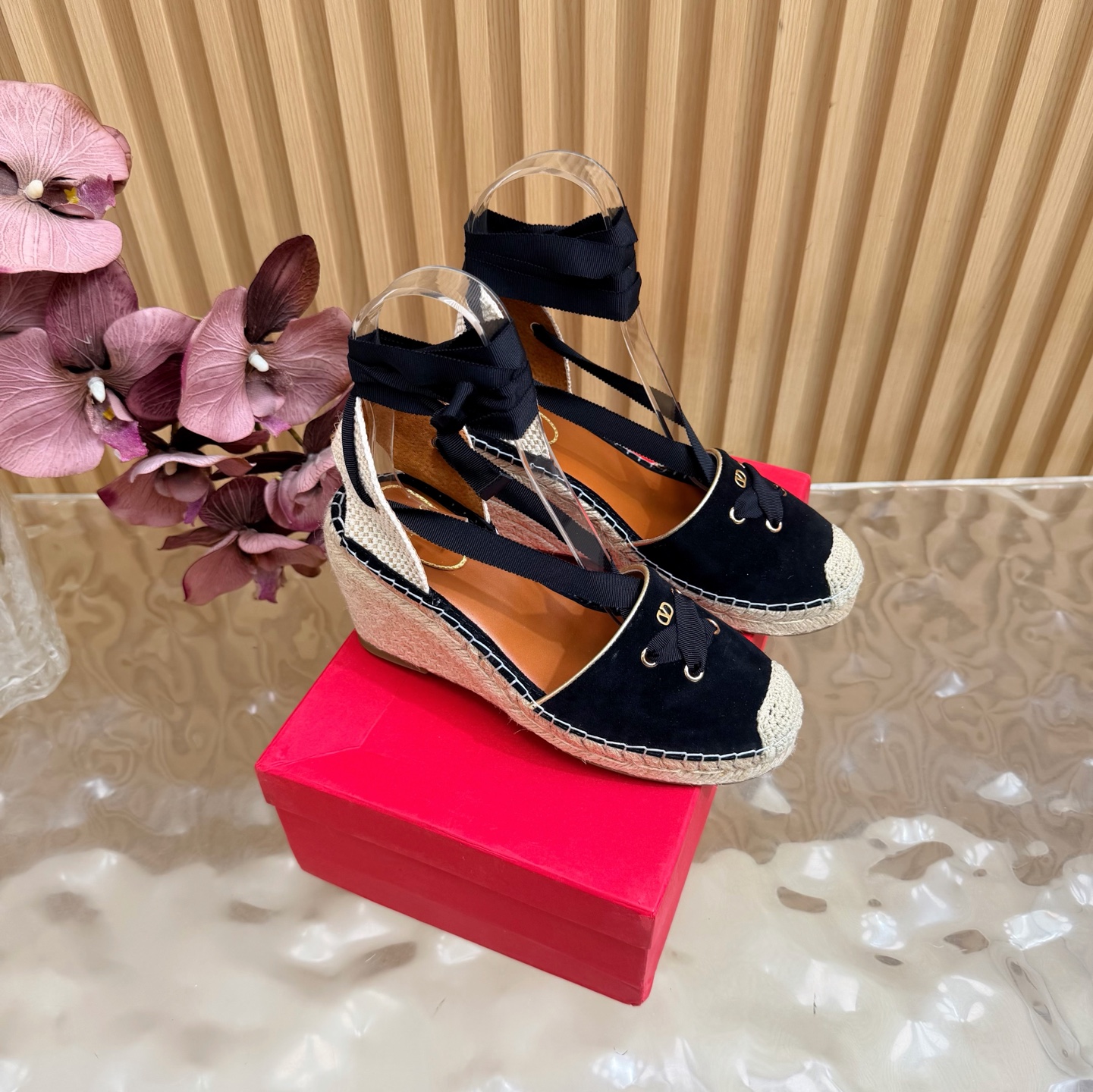 Valentino Black Espadrille Wedge Sandals