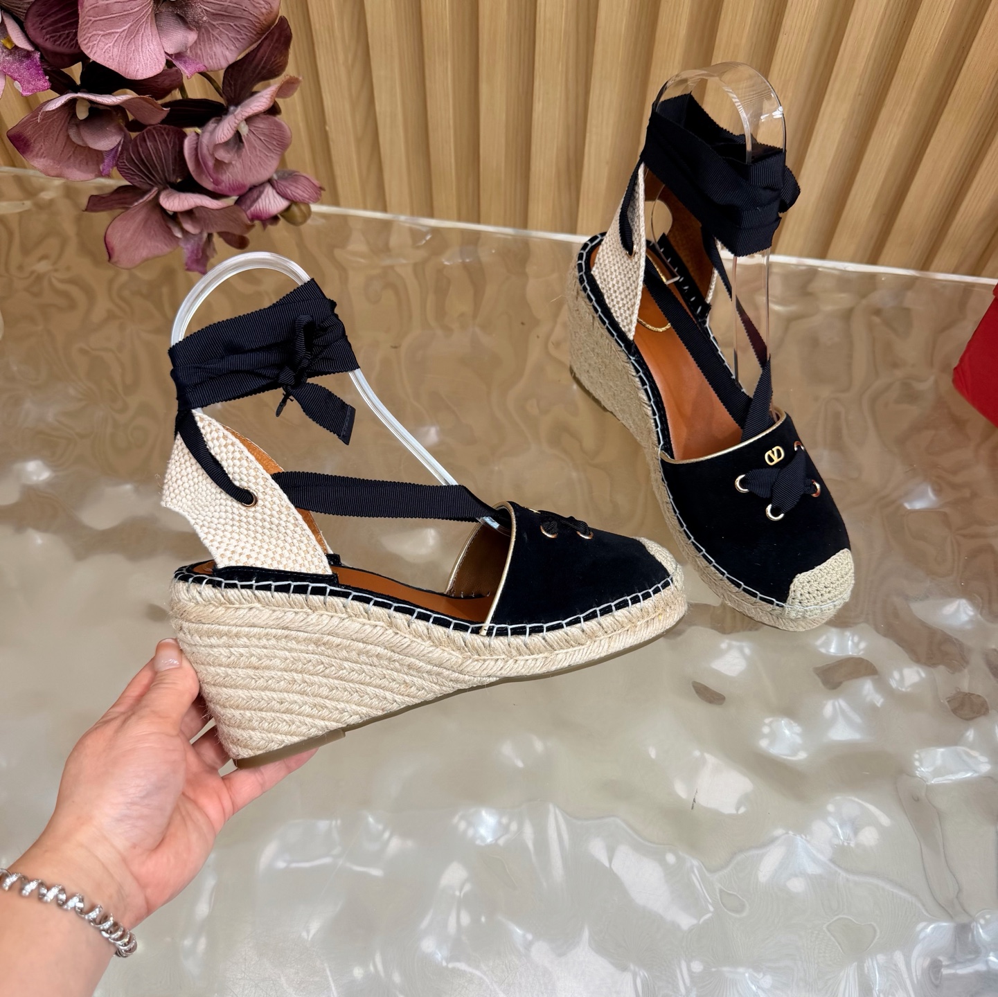 Valentino Black Espadrille Wedge Sandals