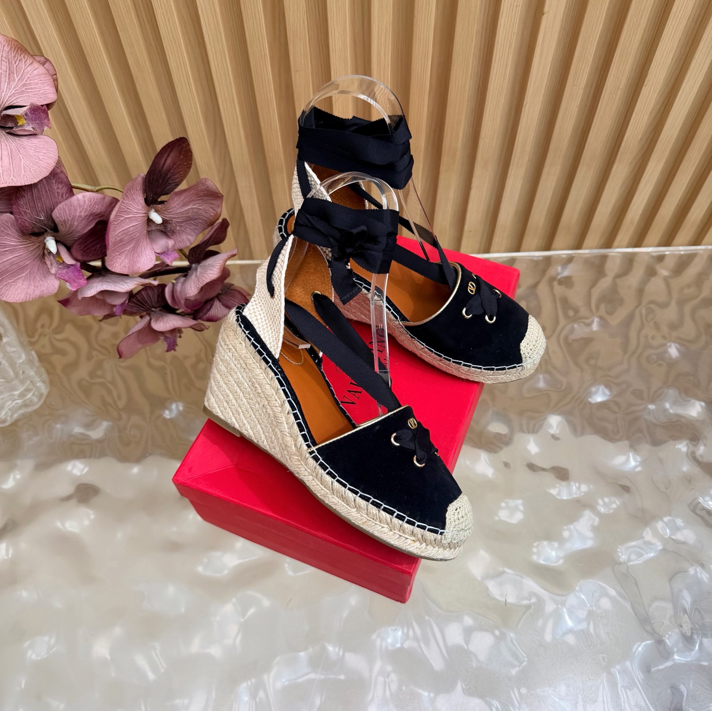 Valentino Black Espadrille Wedge Sandals