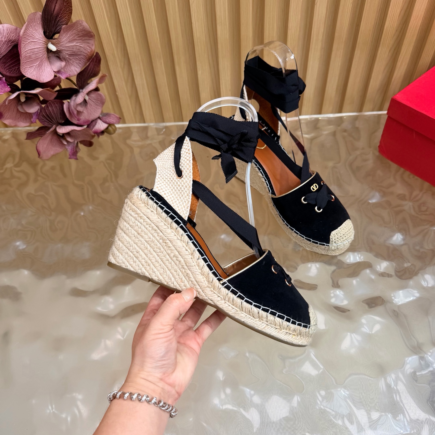 Valentino Black Espadrille Wedge Sandals