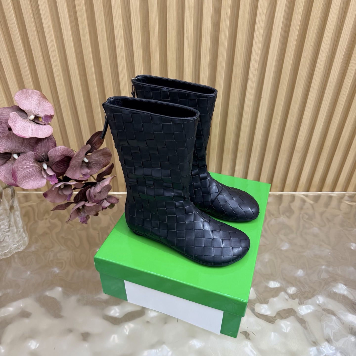 Bottega Veneta Black Woven Flat Boots
