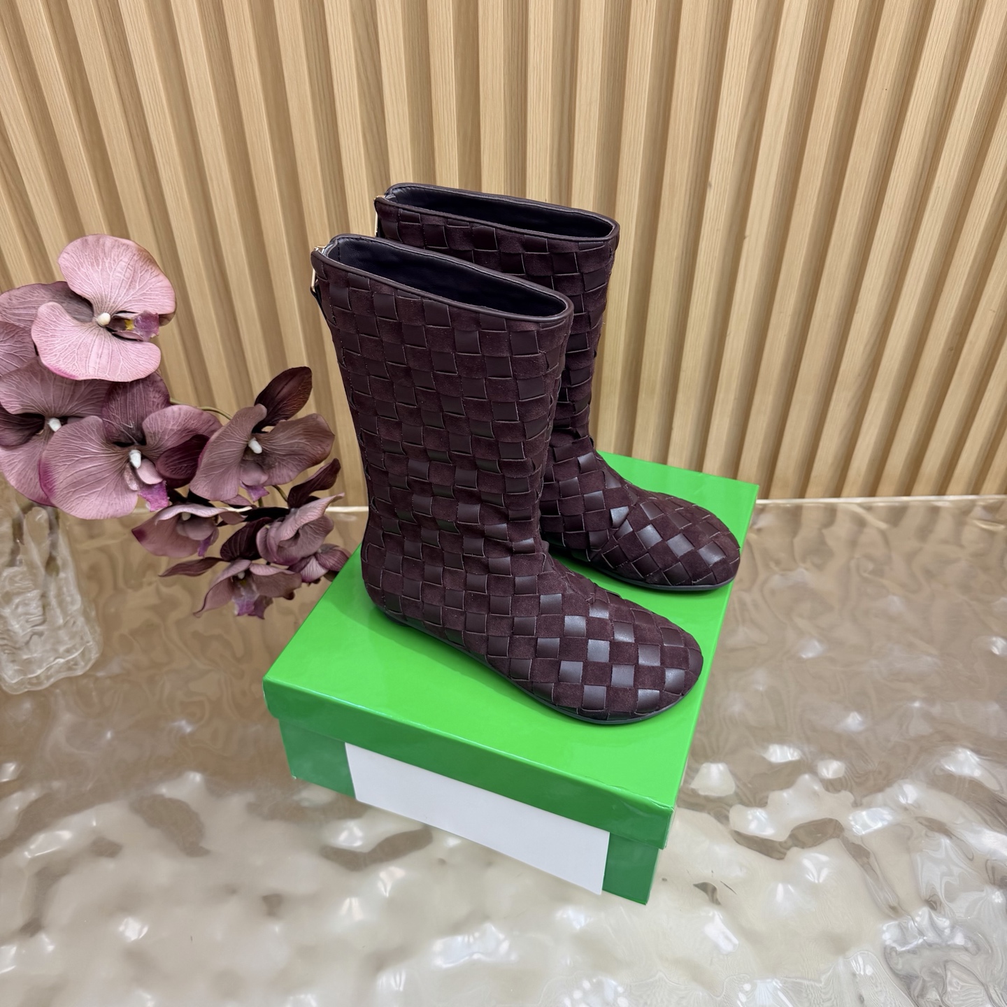 Bottega Veneta Burgundy Woven Flat Boots