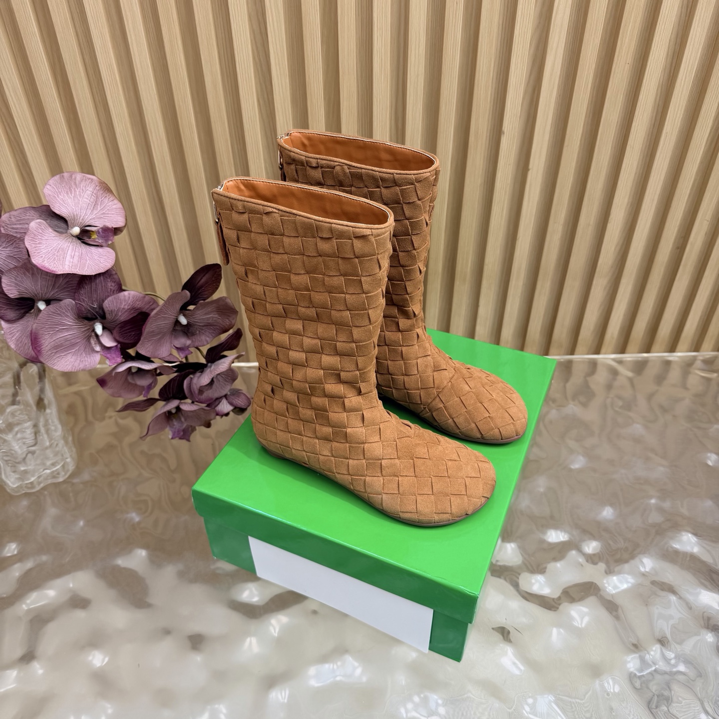 Bottega Veneta Tan Woven Flat Boots