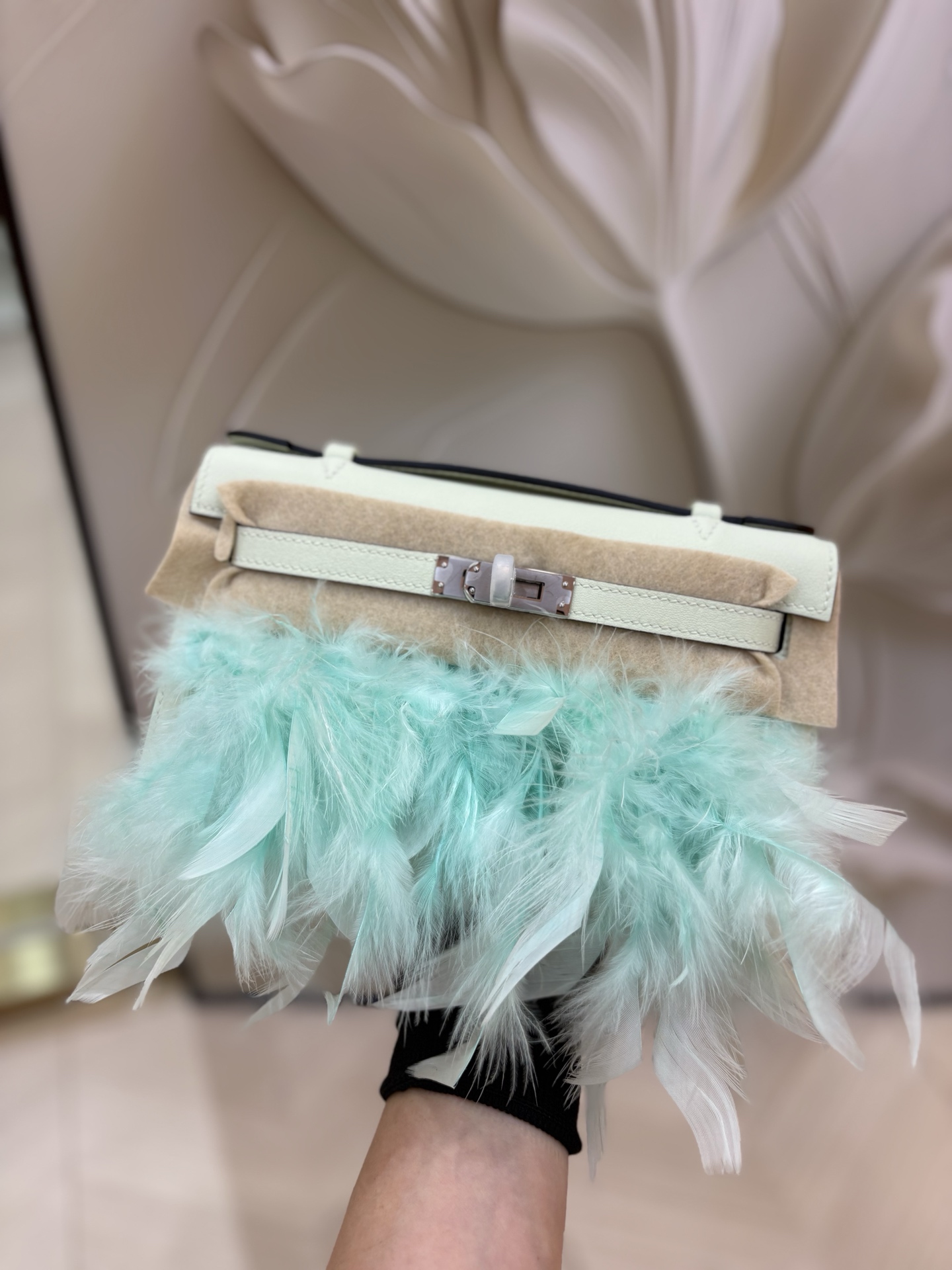 Hermes Kelly White Beige with Mint Feather Trim evening everyday