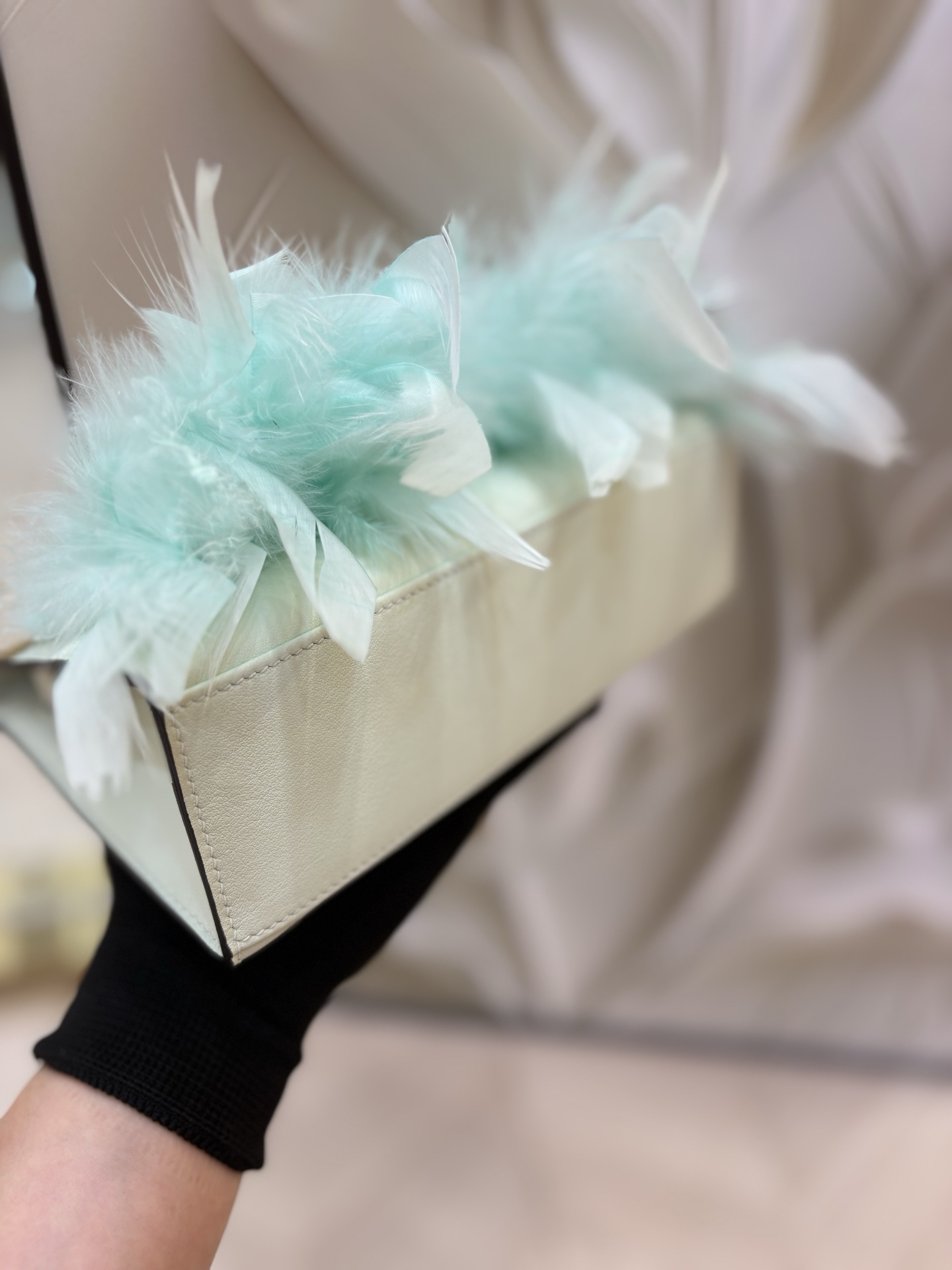Hermes Kelly White Beige with Mint Feather Trim evening everyday