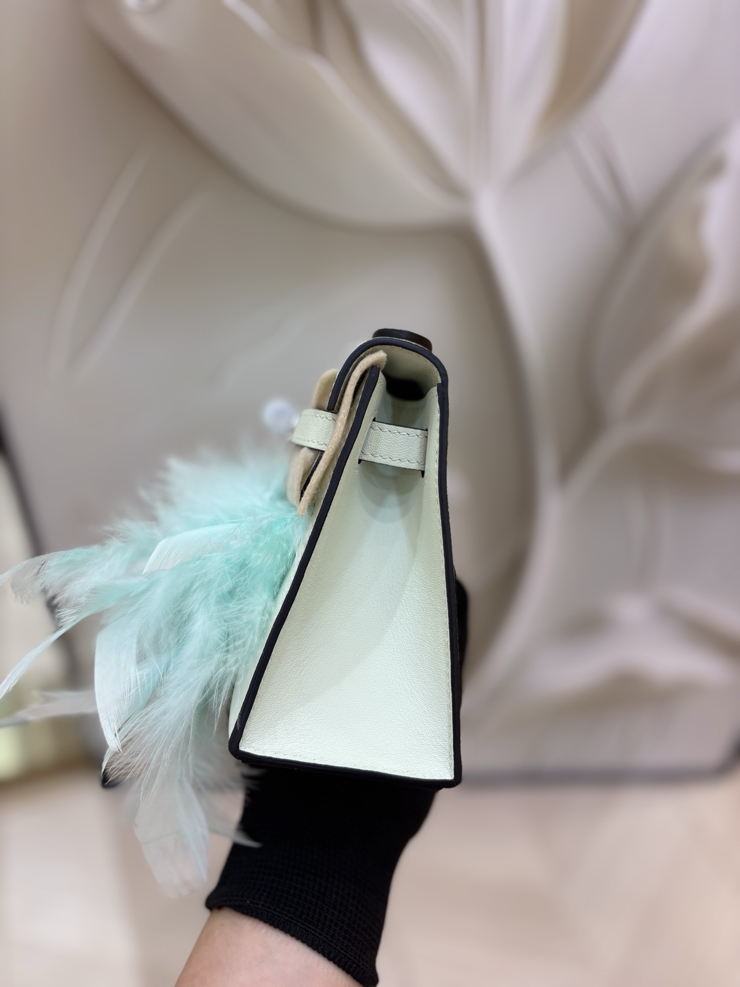 Hermes Kelly White Beige with Mint Feather Trim evening everyday