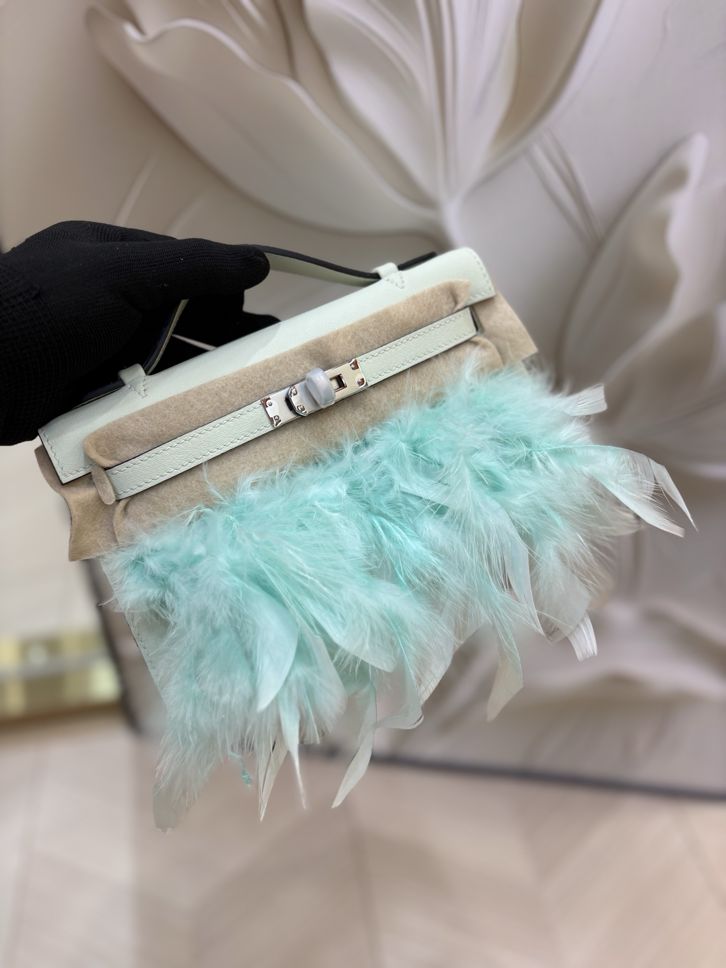 Hermes Kelly White Beige with Mint Feather Trim evening everyday