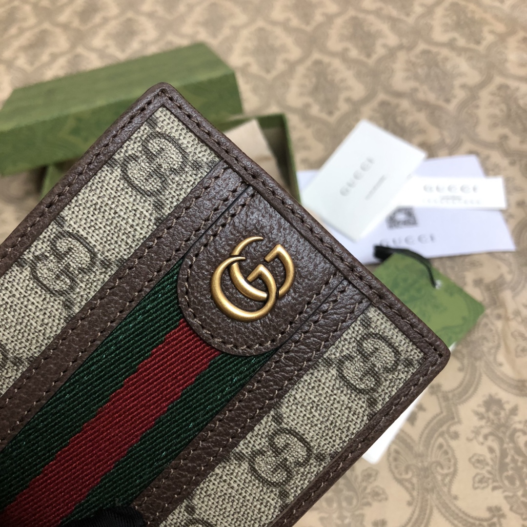 新款短夹！米色/乌木GG Supreme Canvas，一种低环境影响的材料，棕色皮革装饰做工精致！红绿