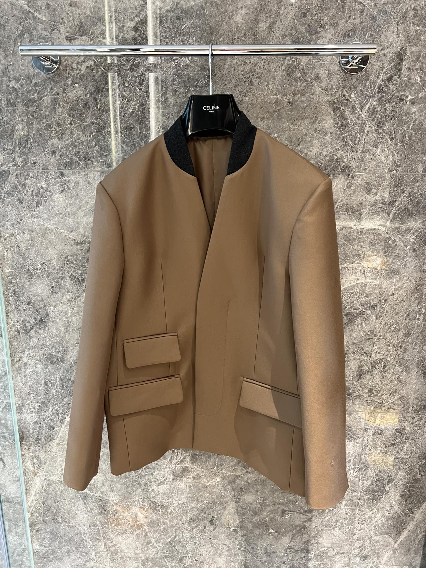 Brand-New Single-Size Female Suit: Tan Coat with Loose Contours and Colored Collar