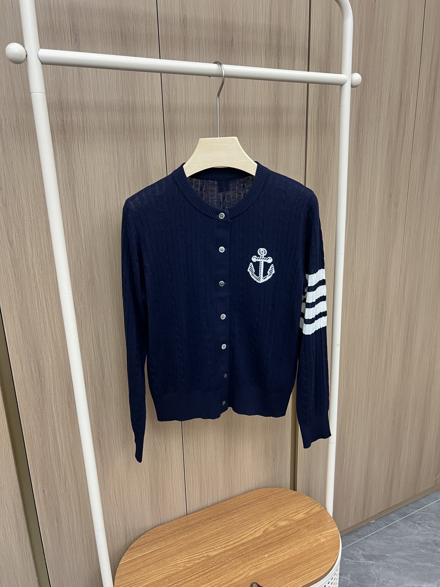 “Classic Navy Wind V-Neck T-Shirt with Seal Anchor Design and Colored Stripes”