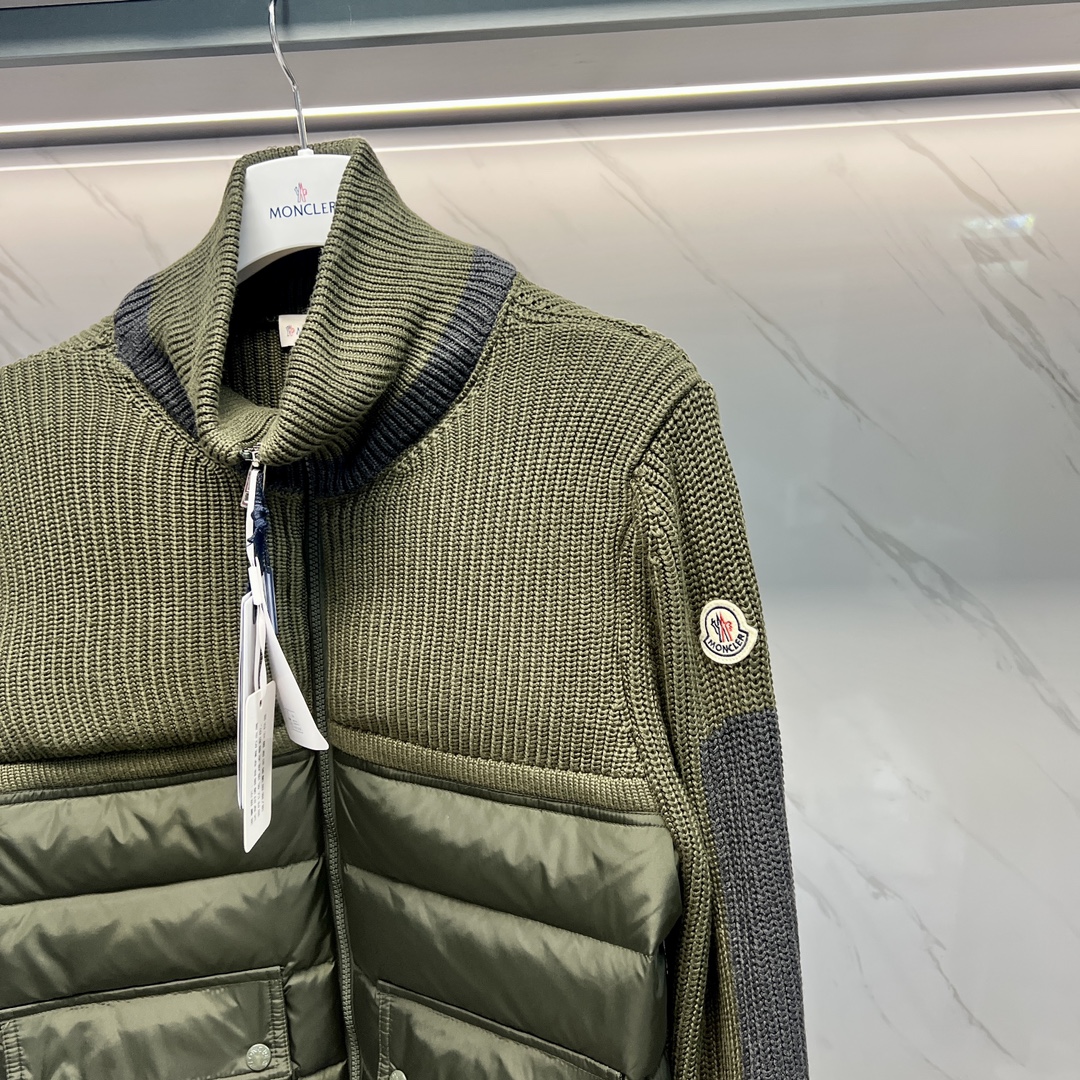 羽绒上新️Moncler24年新款Cardigan条纹立领羊毛拼接羽绒服白色细节鼎️鼎️鼎2024新款立