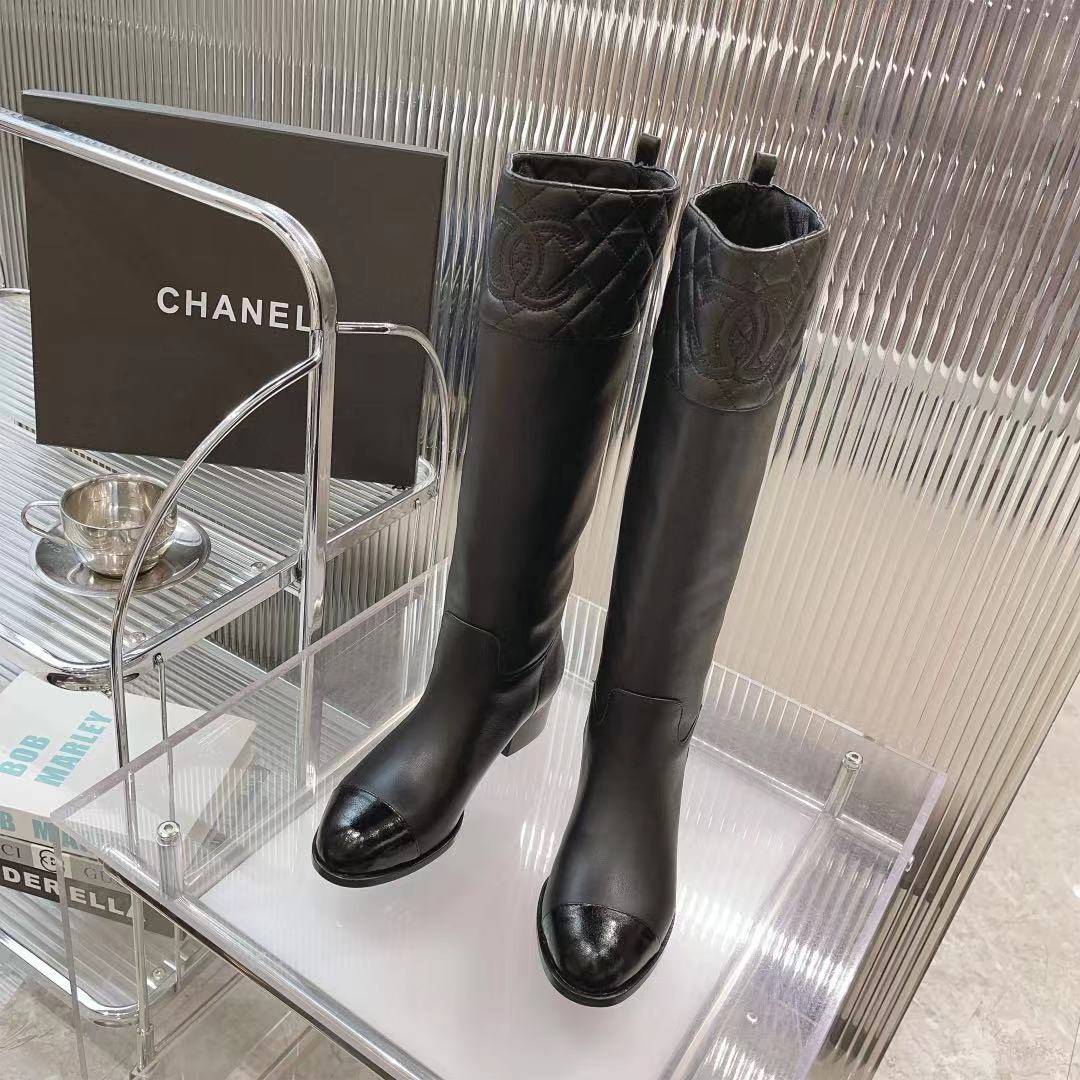 Chanel Long Boots Top quality Fake Black Cowhide Frosted Genuine Leather Sheepskin Fall/Winter Collection