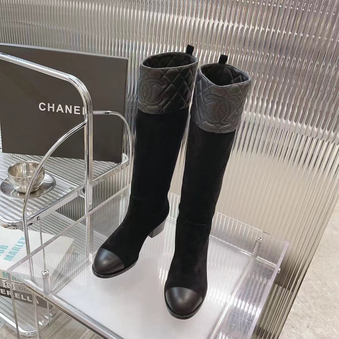 Chanel Long Boots Black Cowhide Frosted Genuine Leather Sheepskin Fall/Winter Collection