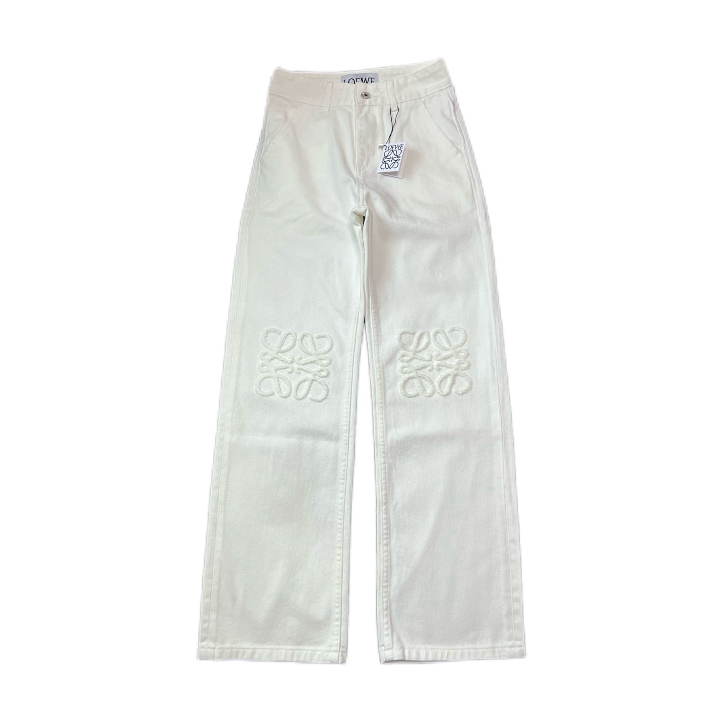 NO:120835,S-M-L for women, on sale in stock, self-pick the next day Loe｜25ss knee towel embroidered logo trousers Sailofang pure cotton denim fabric, this jeans are definitely good for you to see, custom-made full set of three-standard hardware, popular hot-promotion universal and straight-leg pants that are comfortable to cover the flesh, narrower and thinner than tight pants, unique design classic large towel embroidered logo, comfortable mid-high waist pants cut, no restraint when worn, slimming the legs, GW classic design, loewe, jeans, alexander wang19860909码数S-M-L 女款 现货发售 自取隔天 Loe｜25ss膝盖位毛巾刺绣logo长裤 赛络纺纯棉牛仔面料,这条牛仔裤绝对对可以说好看到炸裂,定制全套三标五金,爆款热推万能又修饰腿型的直筒裤型 比紧身裤遮肉舒服显窄显瘦,独特设计经典大毛巾绣logo 舒适中高腰裤型裁剪  穿上不会有束缚感 显瘦显腿长GW同款经典设计,,loewe,jeans,alexander wang,Men's clothing