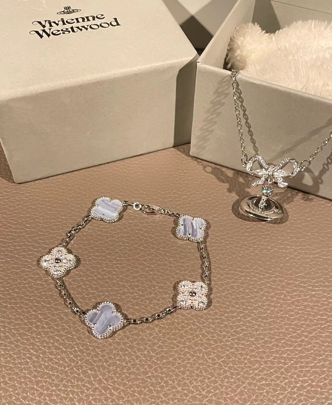 Van Cleef & Arpels vca紫玉髓五花手链&西太后蝴蝶结星心项链