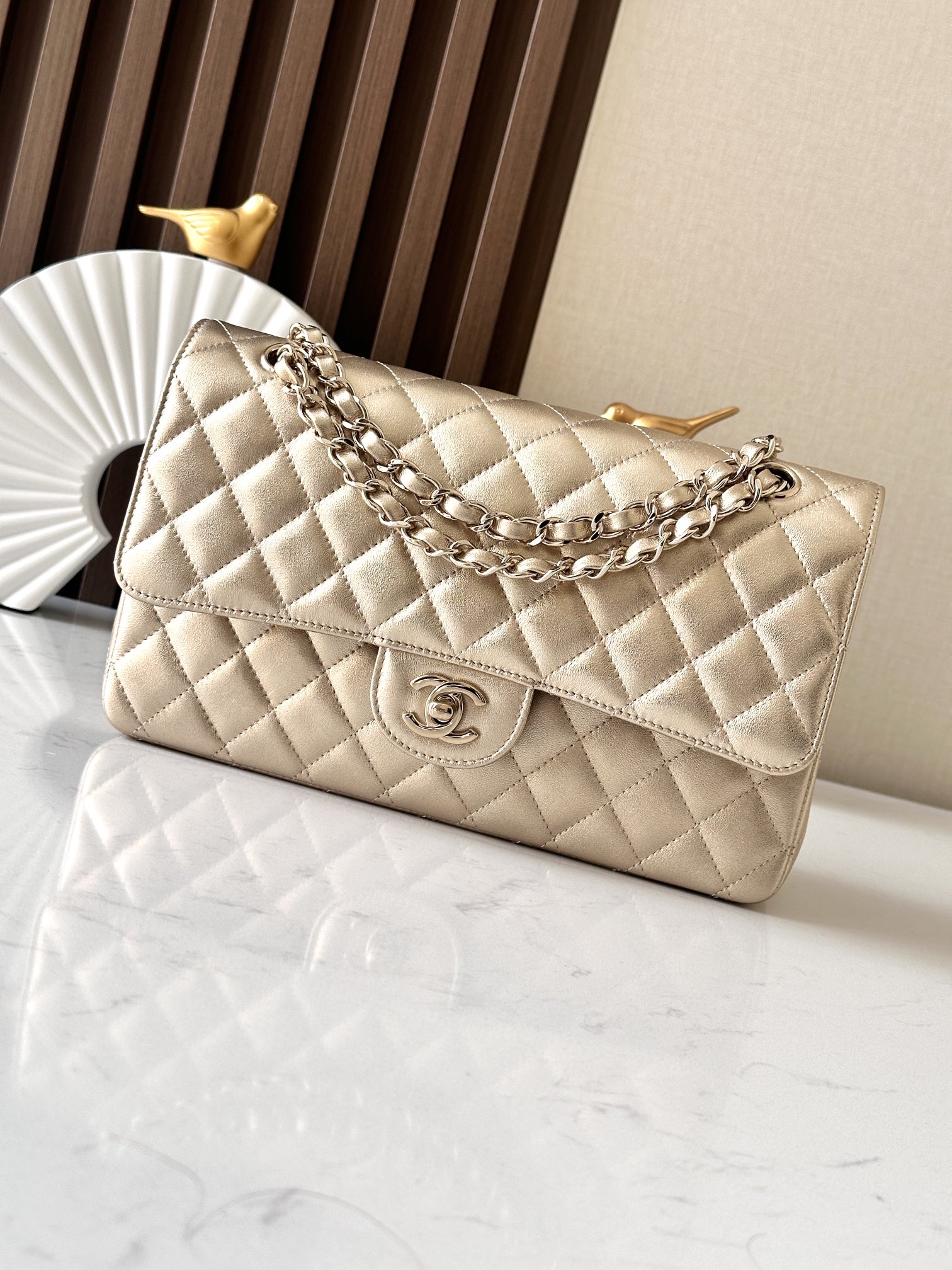 Chanel Classique Flap Bag Champagne Gold Lambskin Leather with Silver Hardware