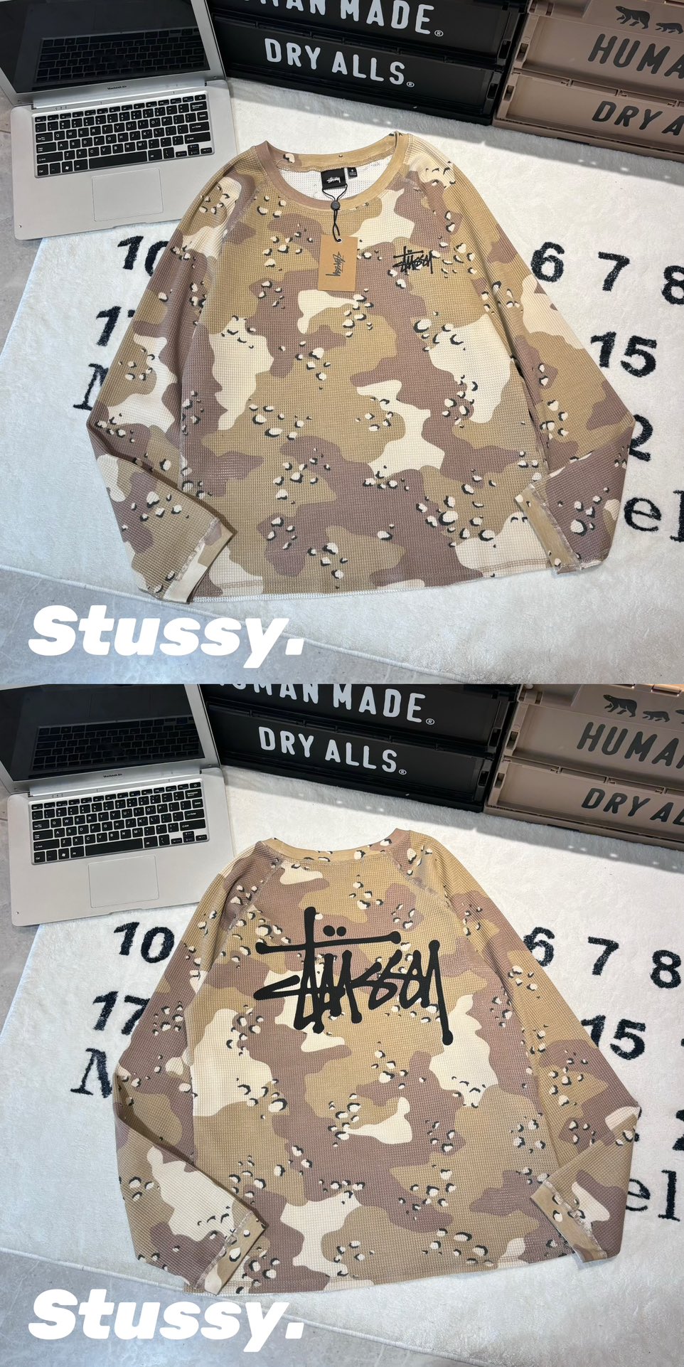Stussy FW24 Raglan Thermal Long Sleeve Crew - Camo Waffle Knit Top