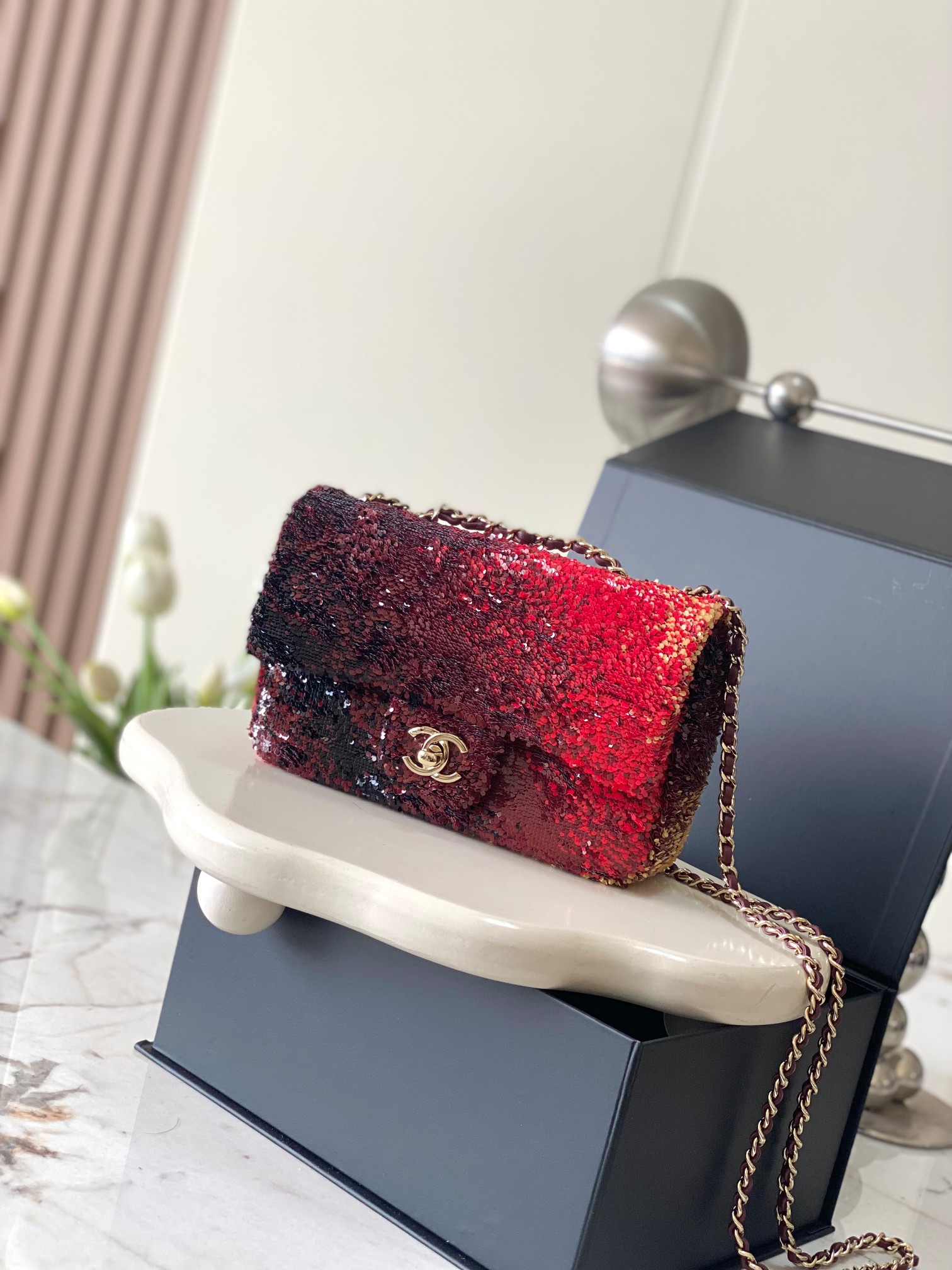 שאנל Chanel Classic Flap Bag תיקים תיקי כתף וצד אדום כל פלדה עור כבשים מיני