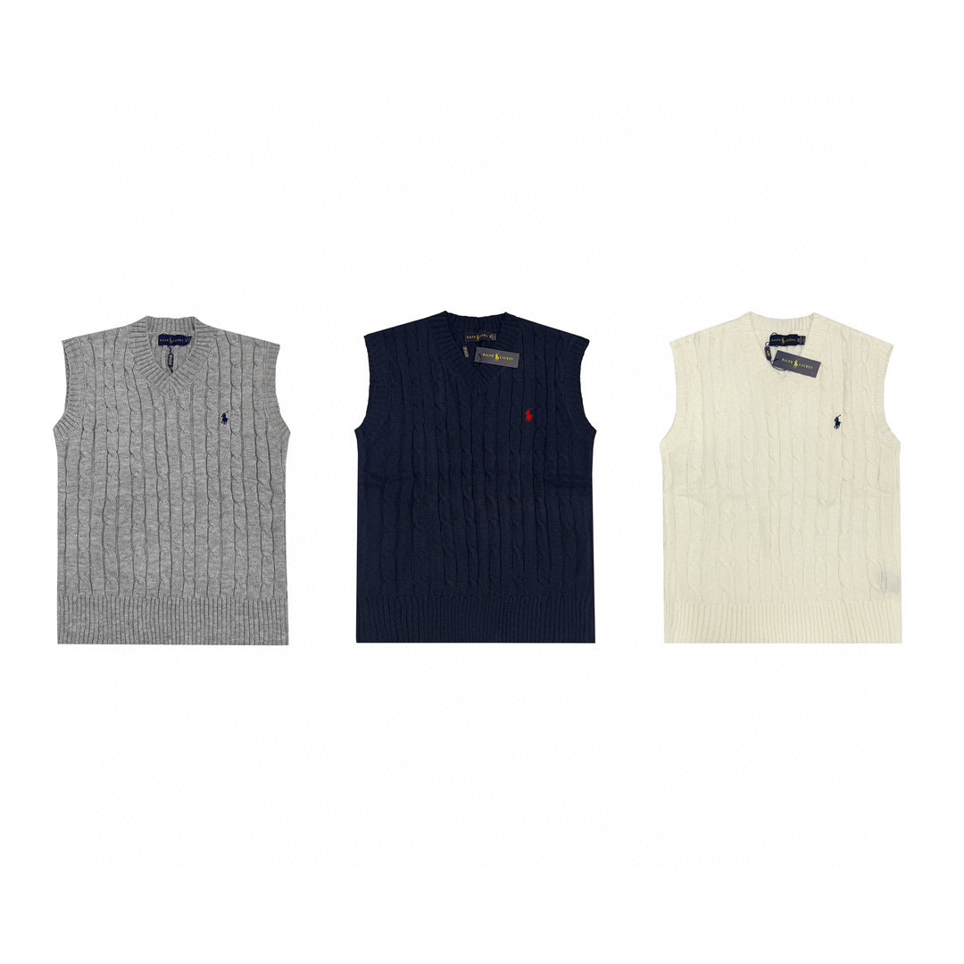 Modelo 6102 Ralph Lauren chaleco de punto trenzado de lana con pequeño logo y caballo. Tallas: M/L. Colores: gris/ blan…