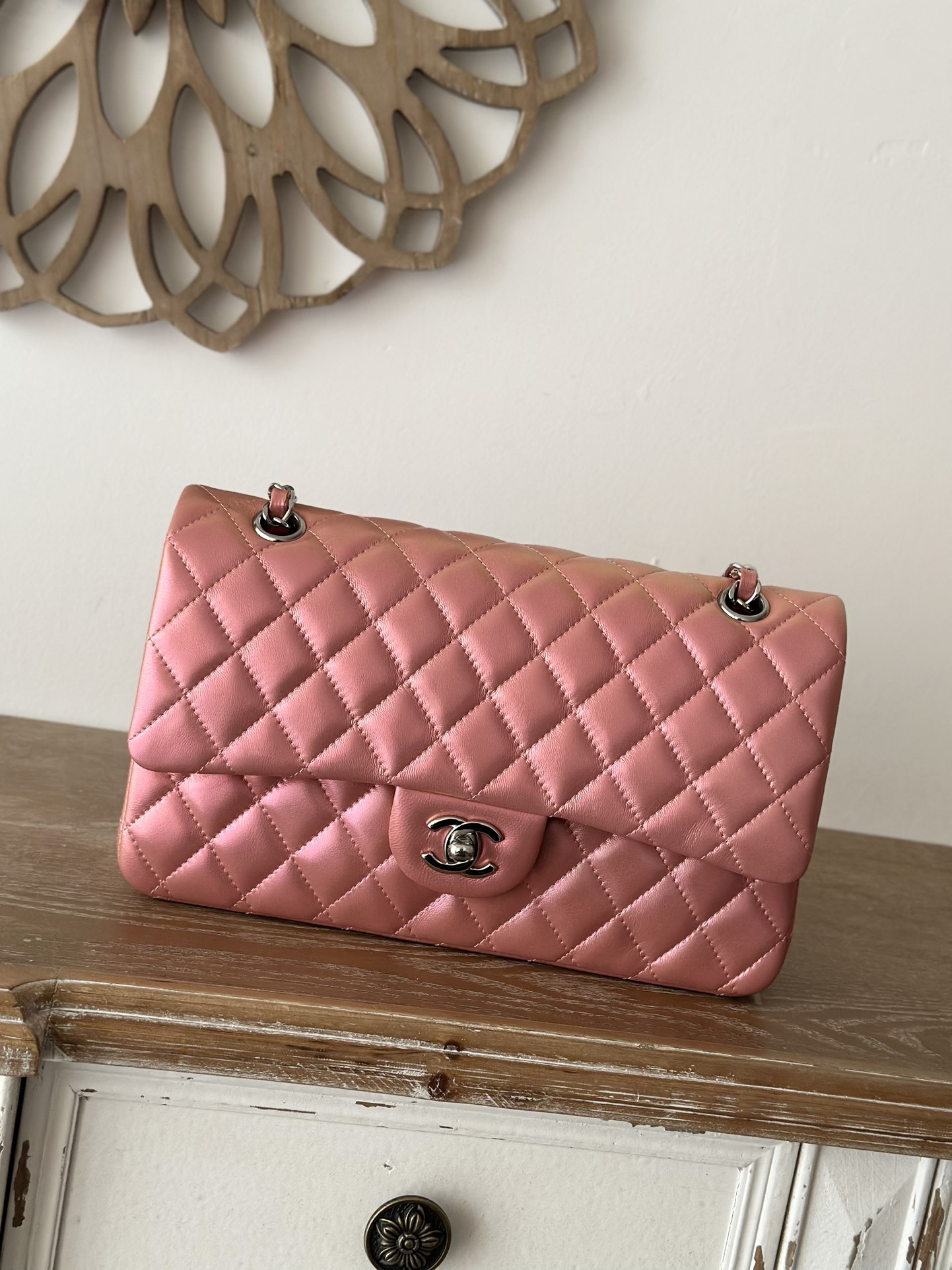 Chanel Classic Flap Bag Iridescent Pink Lambskin Leather Silver Hardware