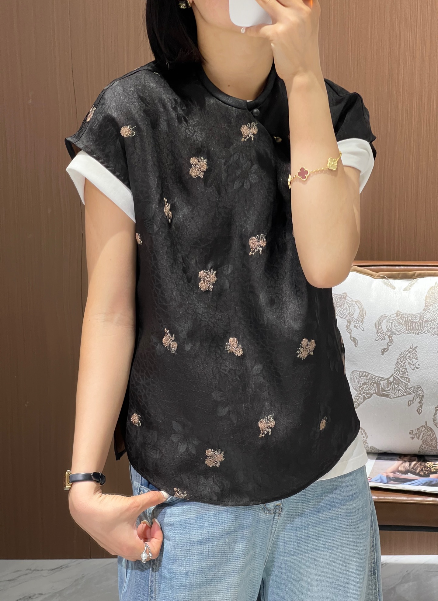 Elegant Silk Embroidered Top, Short Sleeve Blouse, Versatile Fashion 1 i1746902585921 8385 0 0