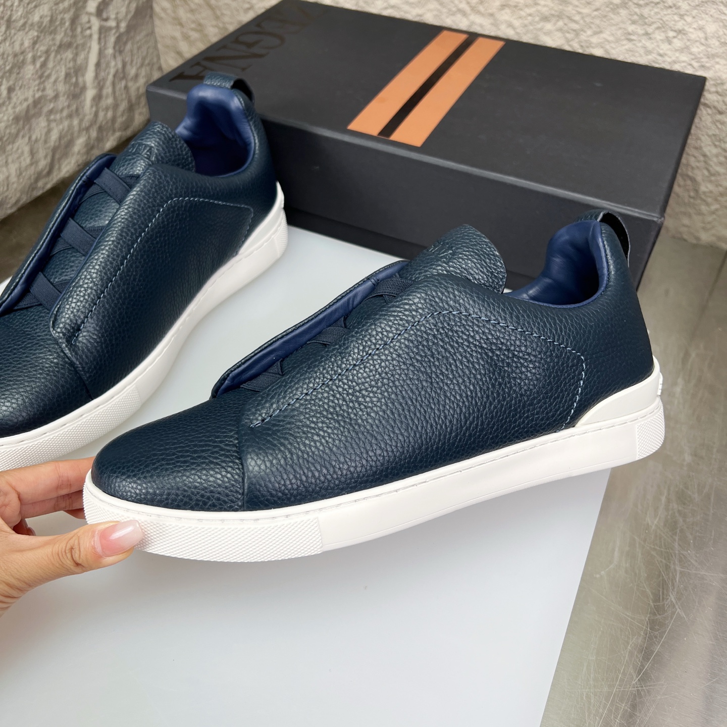 Zegna Triple Stitch Leather Slip-On Sneakers, Luxurious & Comfortable 5 i1752163438930 8501 0 3