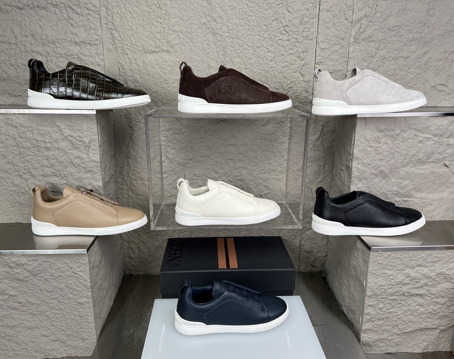 Zegna Triple Stitch Leather Slip-On Sneakers, Casual Shoes for Men