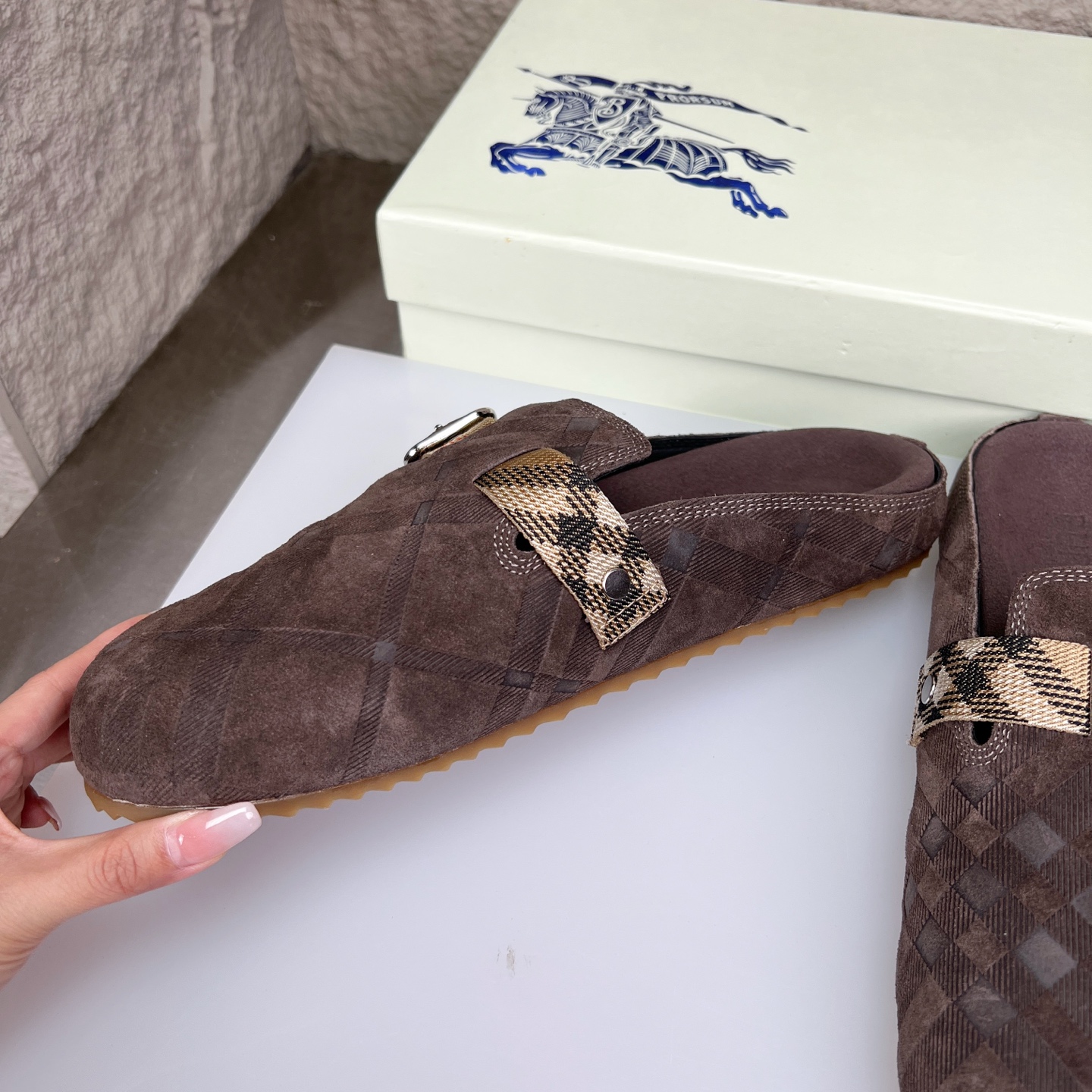 Burberry Urchin Suede Mules in Check Pattern with Buckle Detail 5 i1752165266502 4669 0 4