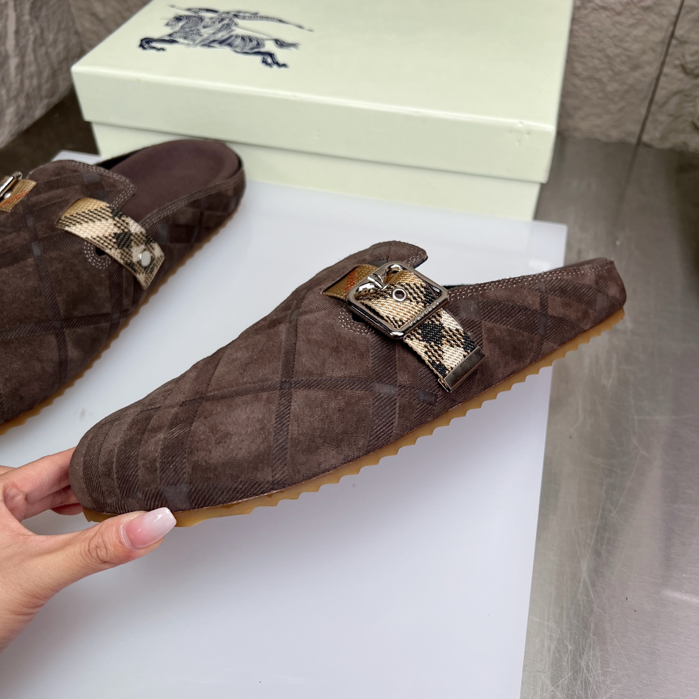 Burberry Urchin Suede Mules in Check Pattern with Buckle Detail 4 i1752165269405 7927 0 3