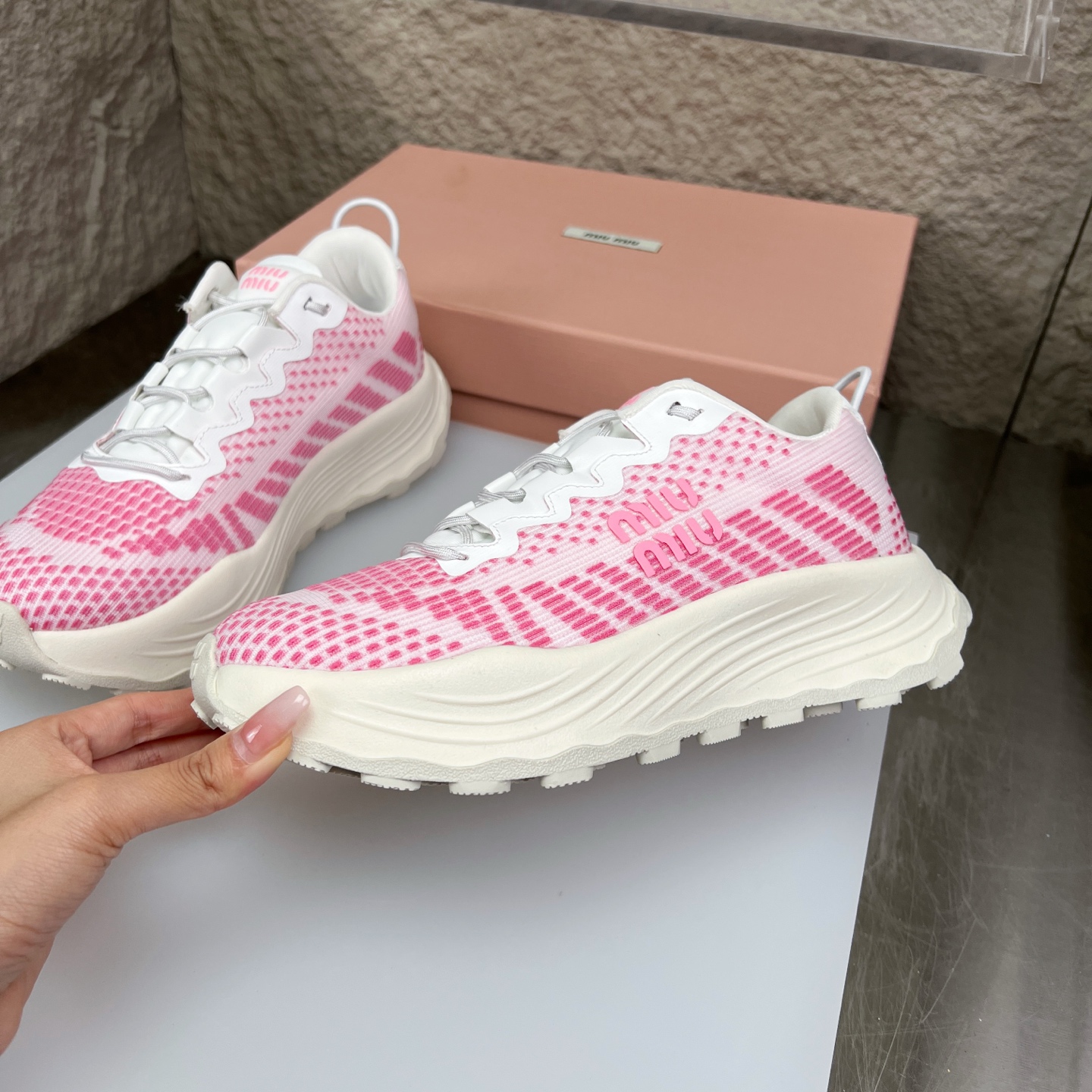 Miu Miu Pink Knit Mesh Chunky Sole Sneakers - Lightweight & Comfortable 5 i1752422206542 6971 0 4