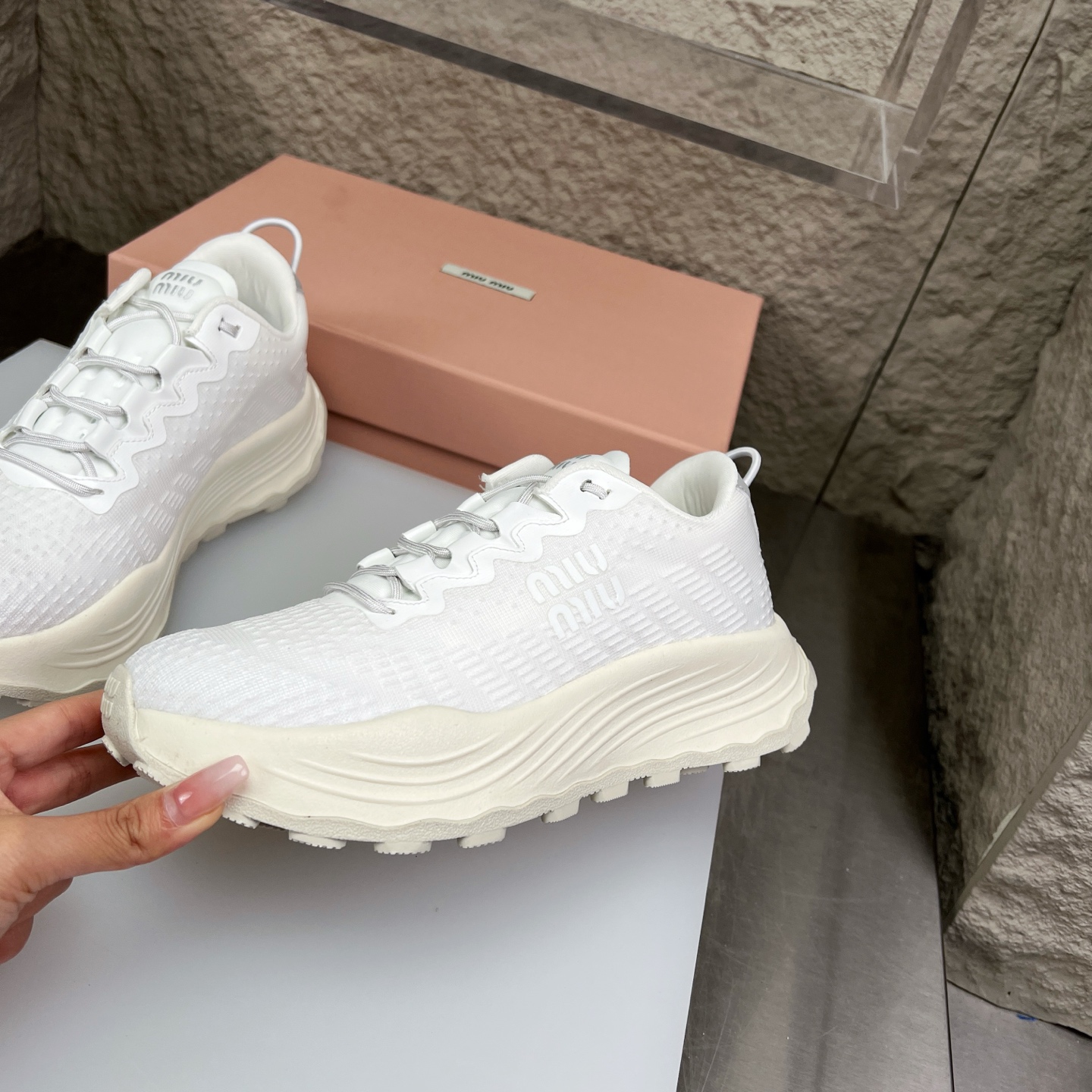 Miu Miu White Knit Mesh Chunky Sole Sneakers - Lightweight & Comfortable 5 i1752423127221 259 0 3