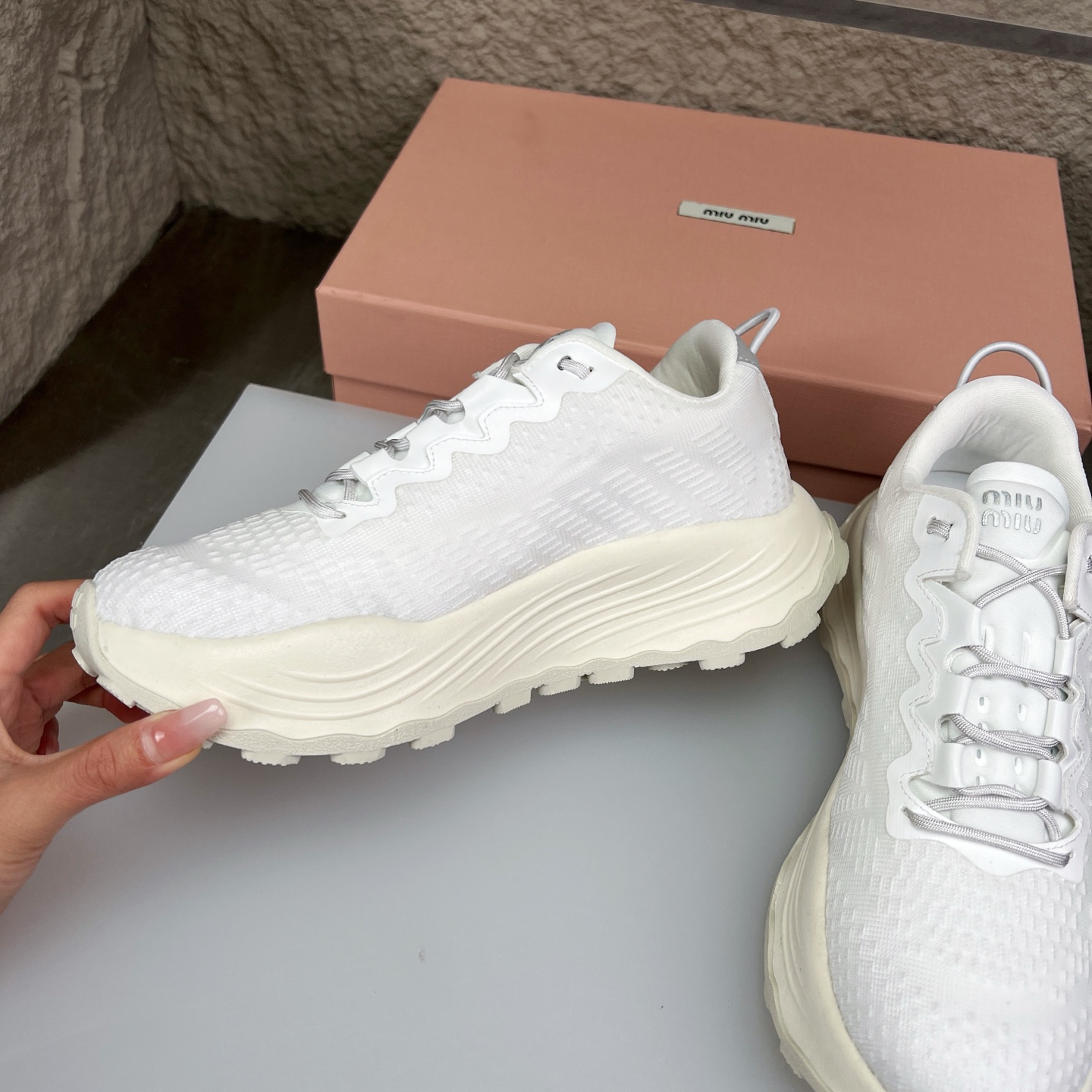 Miu Miu White Knit Mesh Chunky Sole Sneakers - Lightweight & Comfortable 6 i1752423127251 7712 0 4