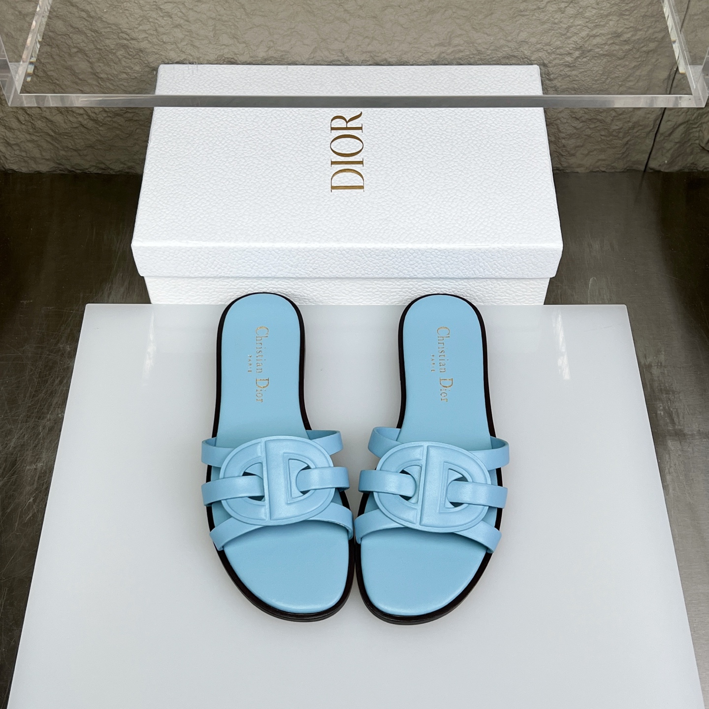 Dior D-Club Blue Leather Flat Sandals with CD Signature - Women's Slides 1 i1752686464921 3586 0 0