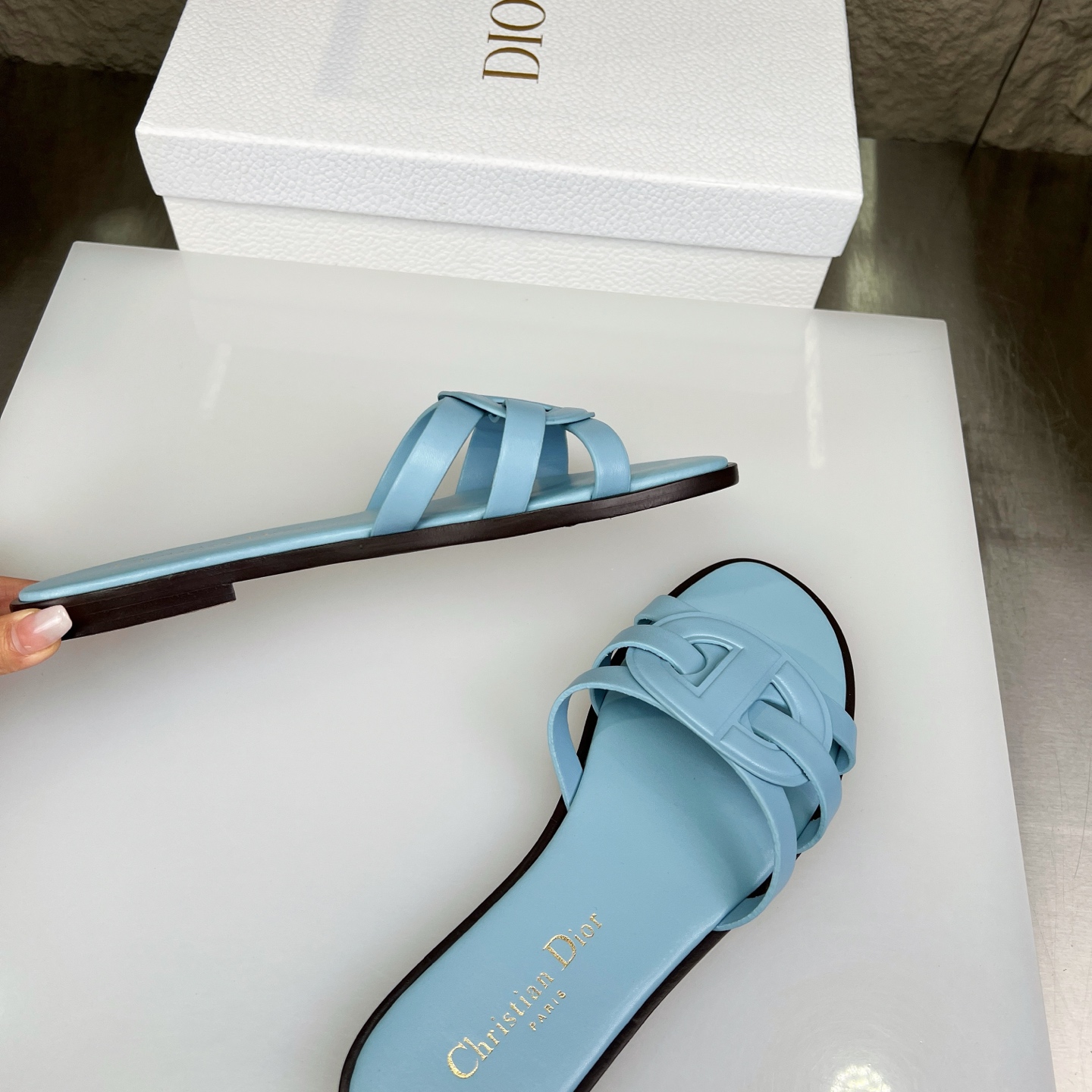 Dior D-Club Blue Leather Flat Sandals with CD Signature - Women's Slides 3 i1752686466788 724 0 2