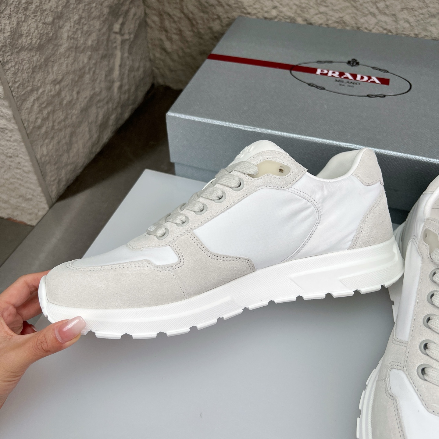 Prada White Nappa Leather & Mesh Runner Sneakers With Metal Logo Accent 5 i1752830554557 4122 0 4