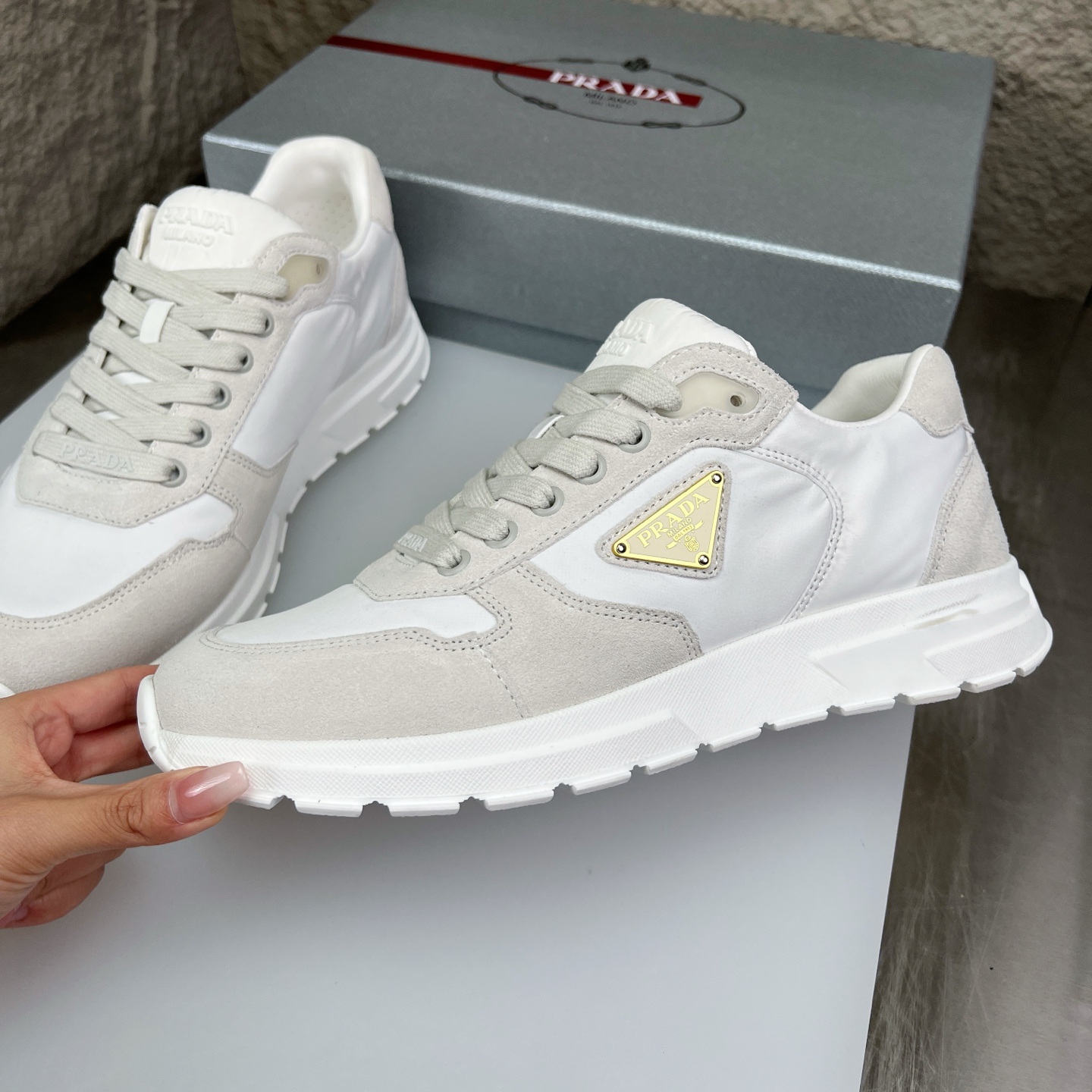 Prada White Nappa Leather & Mesh Runner Sneakers With Metal Logo Accent 4 i1752830556212 2116 0 3