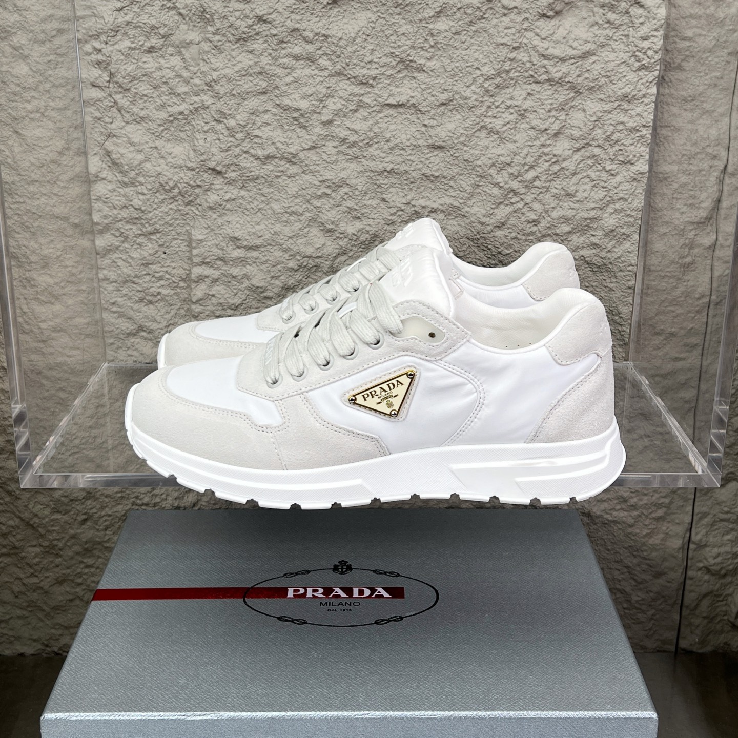 Prada White Nappa Leather & Mesh Runner Sneakers With Metal Logo Accent 1 i1752830556218 427 0 0