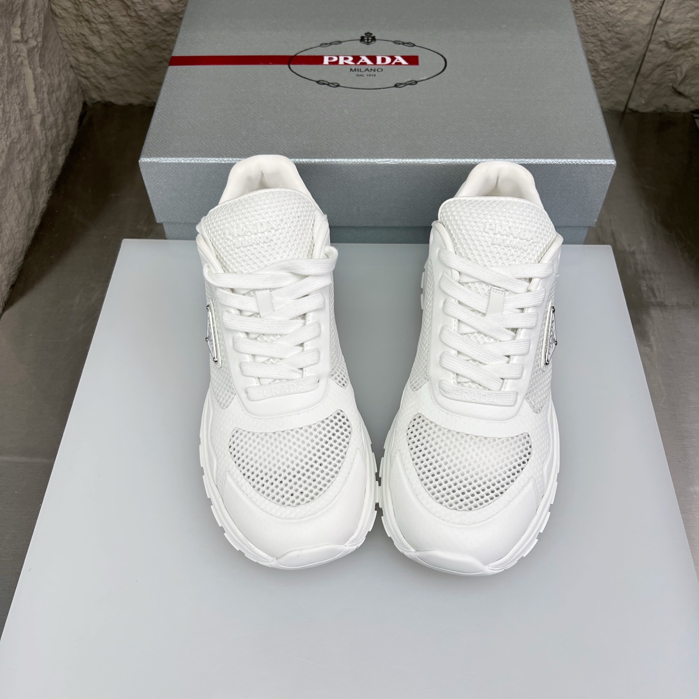 Prada Nappa Leather & Mesh Sneakers with Metal Logo Accent - White 4 i1752831549290 4539 0 2