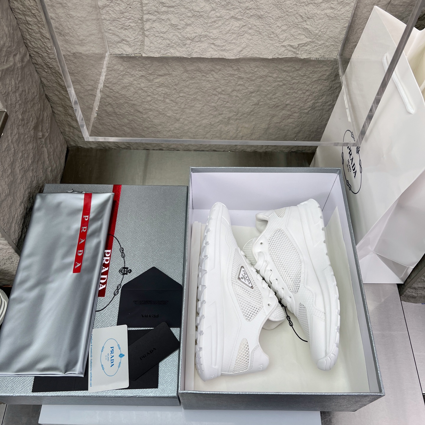 Prada Nappa Leather & Mesh Sneakers with Metal Logo Accent - White 3 i1752831549291 5795 0 1