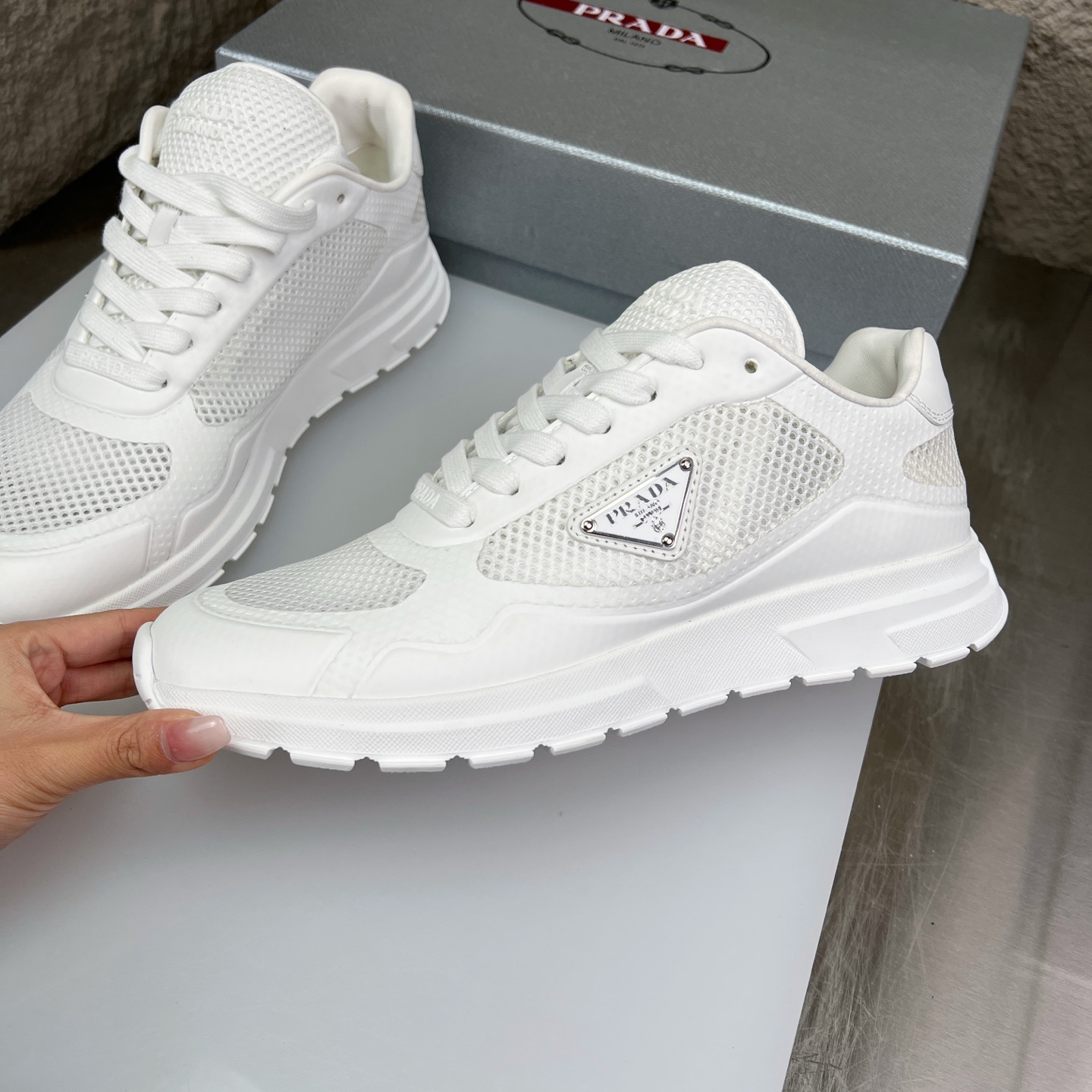 Prada Nappa Leather & Mesh Sneakers with Metal Logo Accent - White 5 i1752831549296 7996 0 3