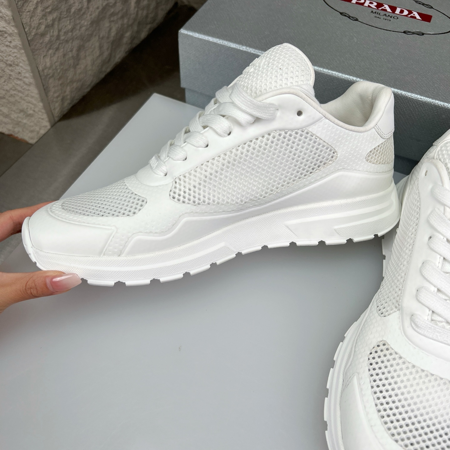 Prada Nappa Leather & Mesh Sneakers with Metal Logo Accent - White 6 i1752831551421 9454 0 4