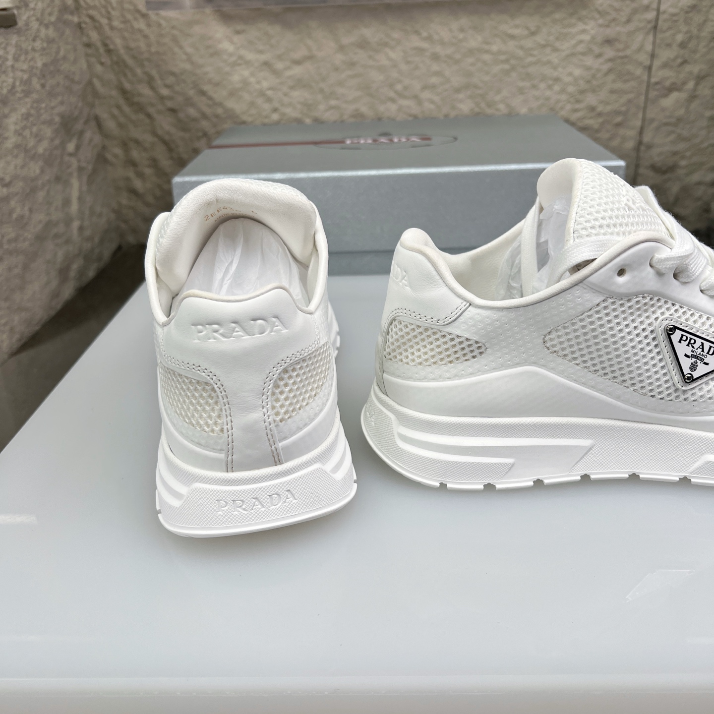 Prada Nappa Leather & Mesh Sneakers with Metal Logo Accent - White 9 i1752831551437 4151 0 7