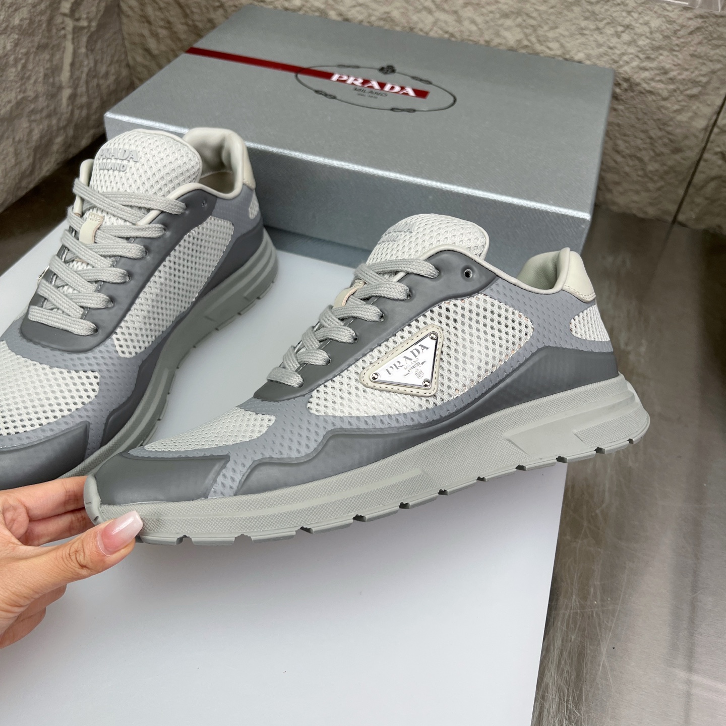 Prada Men's Gray Nappa Leather & Mesh Sneakers - Casual Athletic Runners 4 i1752831901149 5639 0 3